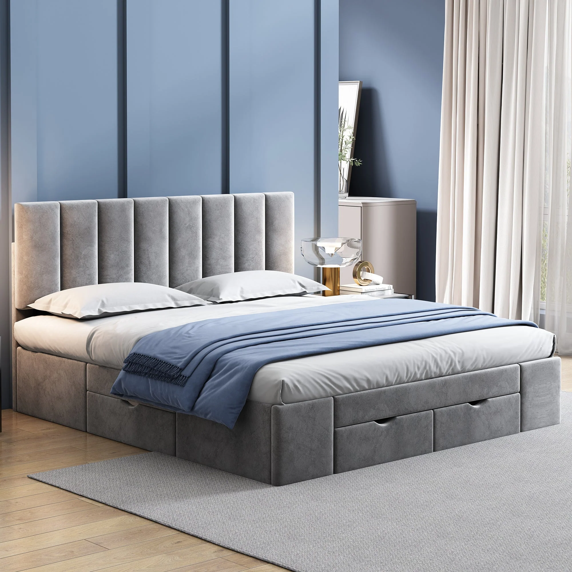 Upholstered Bed 160 x 200 cm with Slatted Base and 4 Storage Drawers, Grey Velvet - Image 2