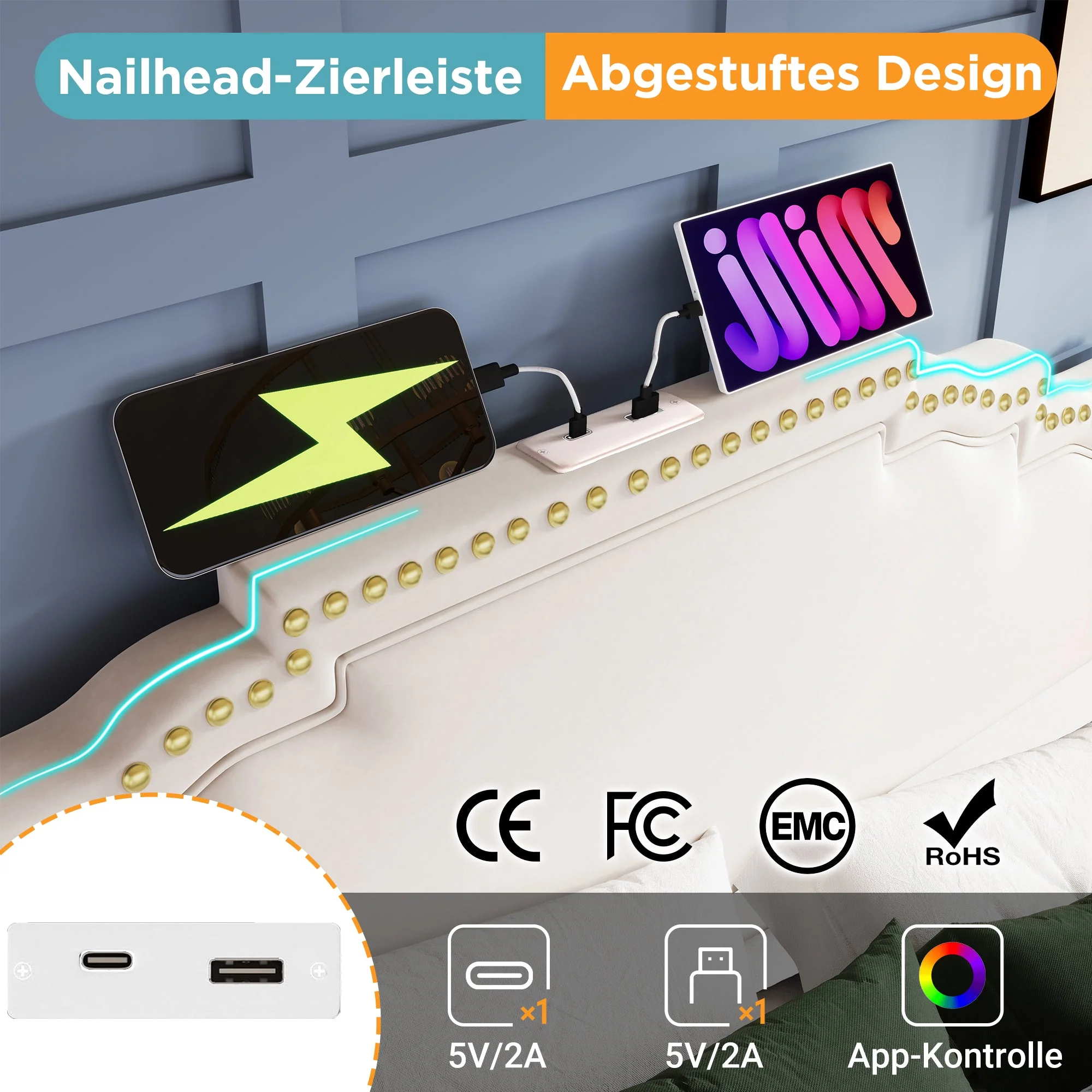 Upholstered Bed 160x200, 4 Drawers, LED, USB-C, Velvet Beige - Image 4