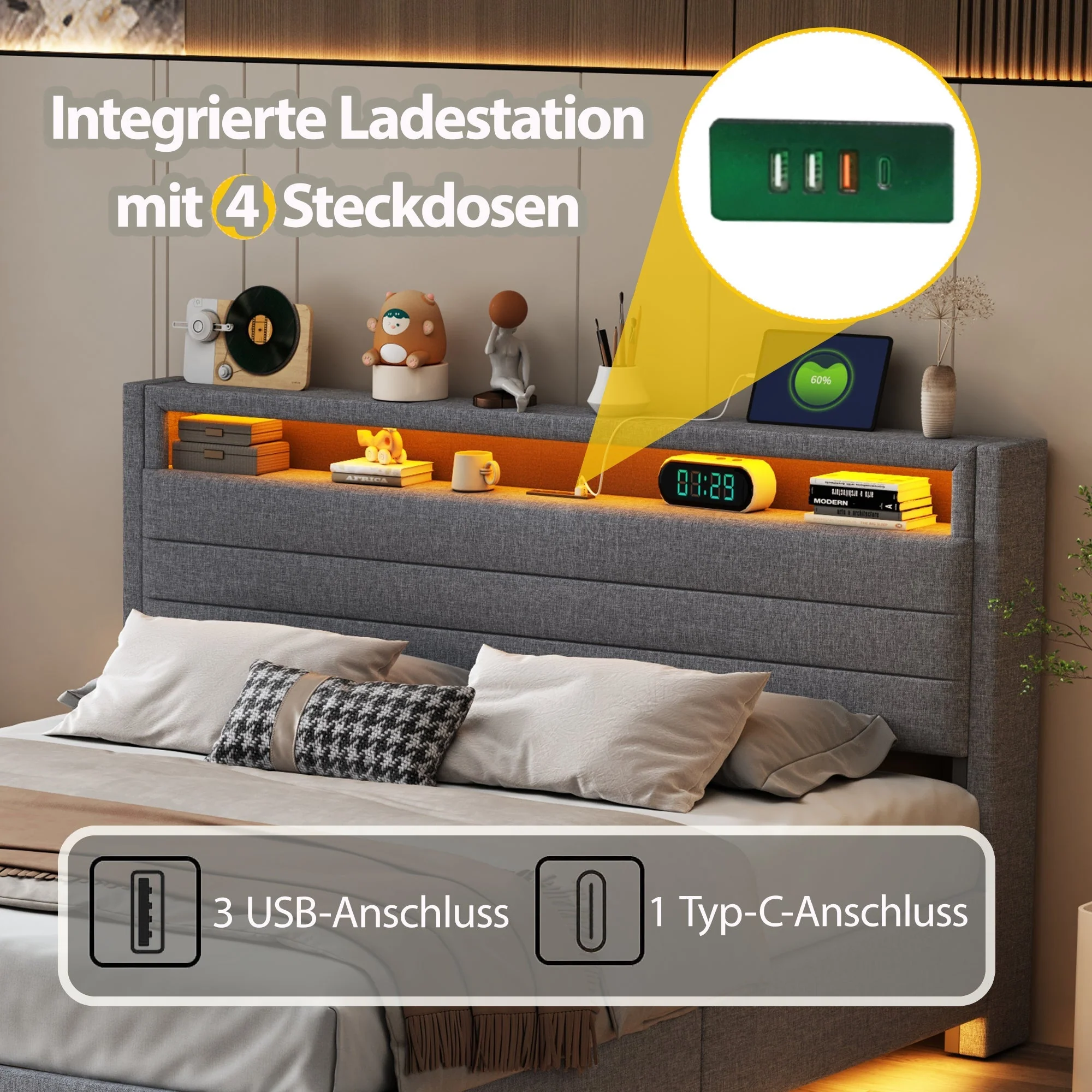 Upholstered Bed 160x200 cm, Hydraulic Floating Frame with Storage, USB & LED, Linen Grey - Image 6