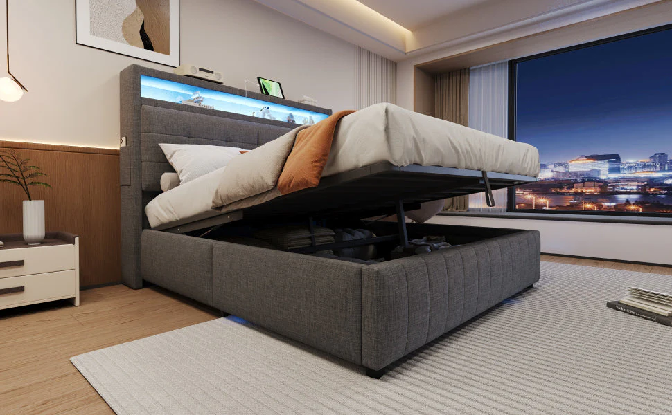 Upholstered Bed 160x200 cm, LED Lighting, USB Socket, Hydraulic Storage, Gray Linen - Image 6