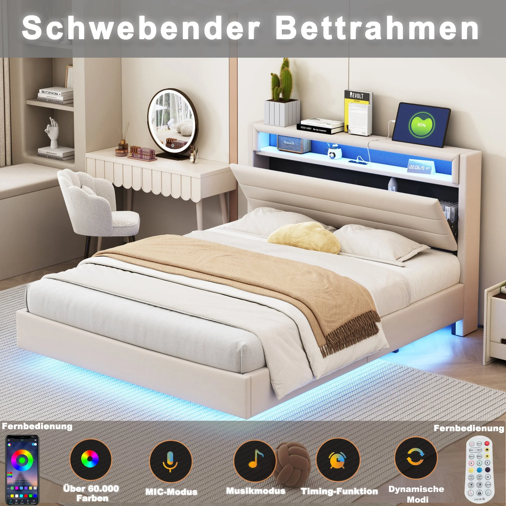 Upholstered Bed 160x200 cm, USB & LED, Reversible Headboard, Linen Fabric Beige - Image 4