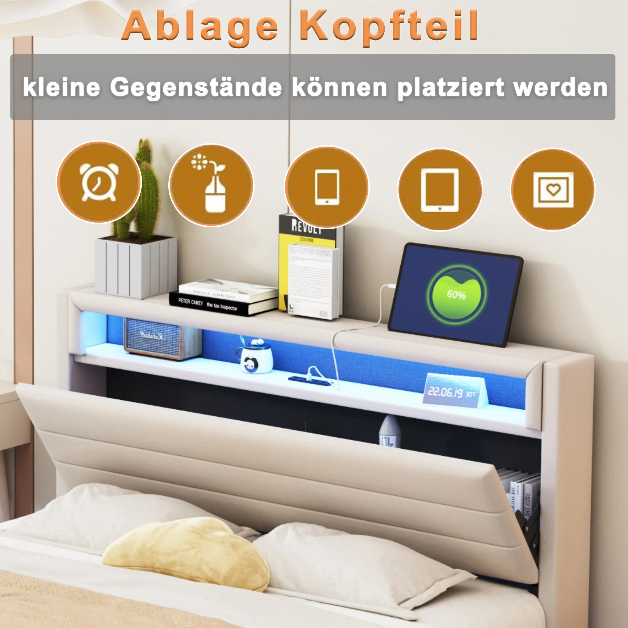 Upholstered Bed 160x200 cm, USB & LED, Reversible Headboard, Linen Fabric Beige - Image 6