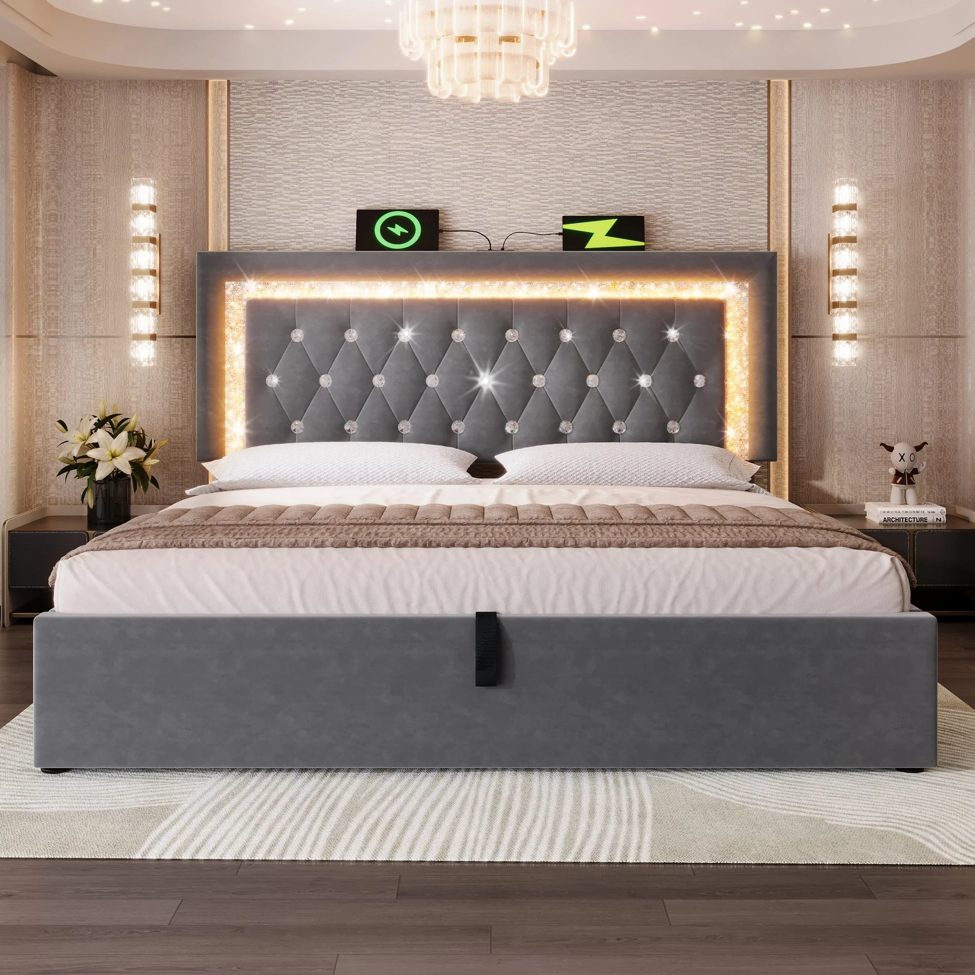 Upholstered Bed 160x200 cm with LED, USB Charging and Hydraulic Storage (with Mattress), Grey Velvet - Image 9