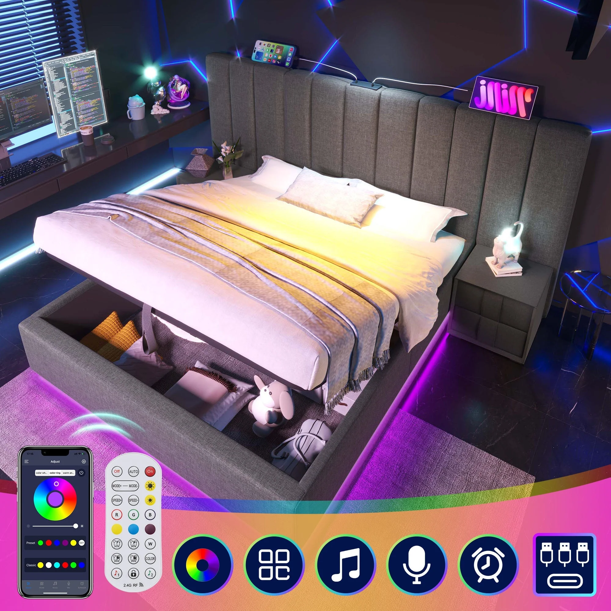Upholstered Bed 160x200, Double Storage with App Control LED & USB-C, Grey Linen - Image 2