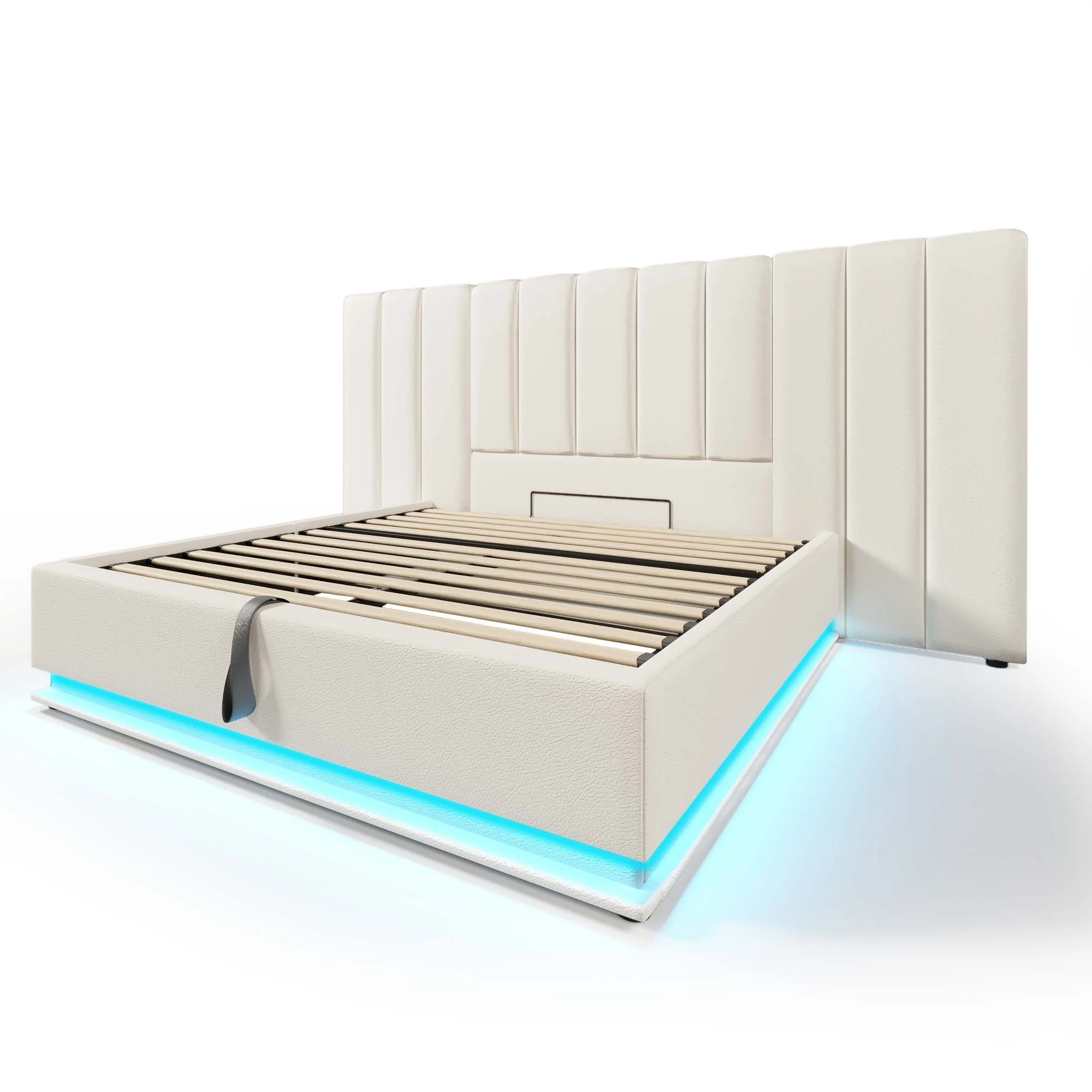 Upholstered Bed 160x200, Double Storage with App Control LED & USB-C, White PU - Image 4