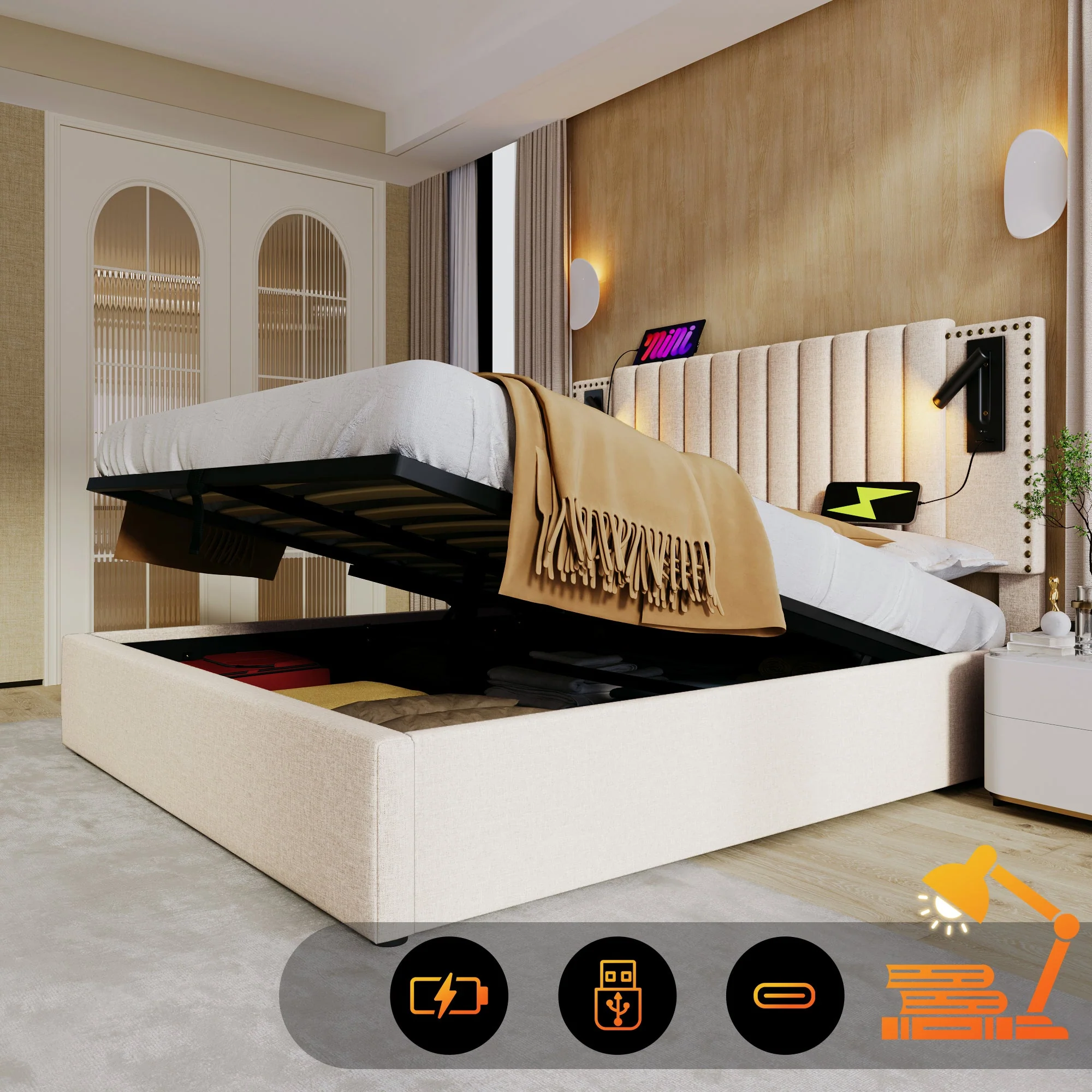 Upholstered Bed 160x200, Double with Storage & Reading Light, Beige Cotton - Image 2