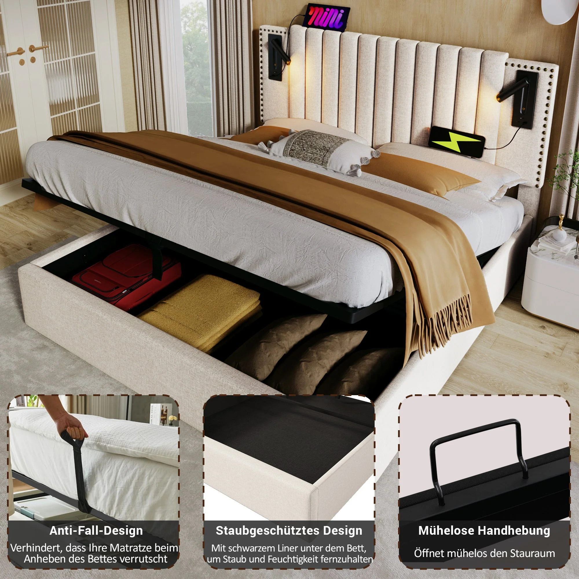 Upholstered Bed 160x200, Double with Storage & Reading Light, Beige Cotton - Image 6