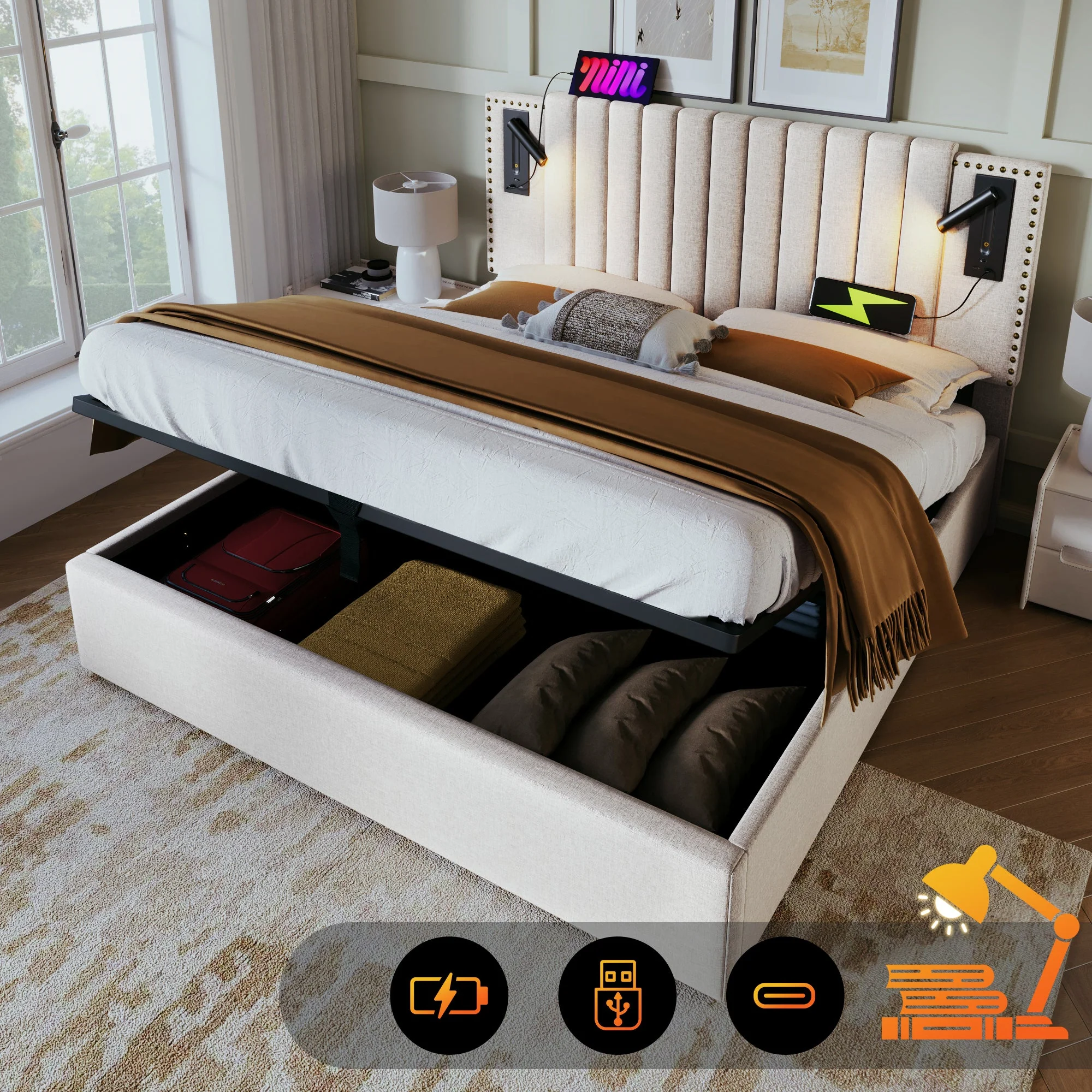 Upholstered Bed 160x200 Double with Storage & Reading Light, Cotton Beige - Image 2