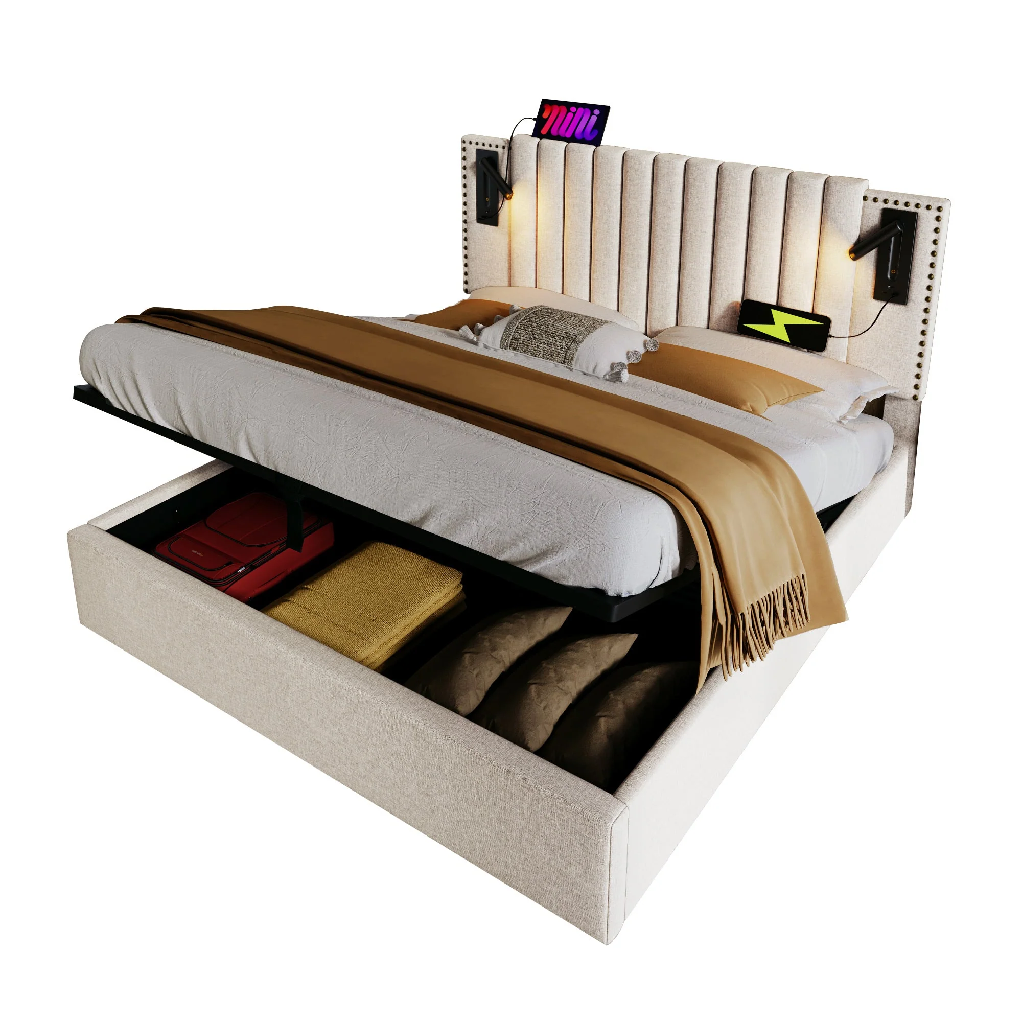 Upholstered Bed 160x200 Double with Storage & Reading Light, Cotton Beige - Image 6
