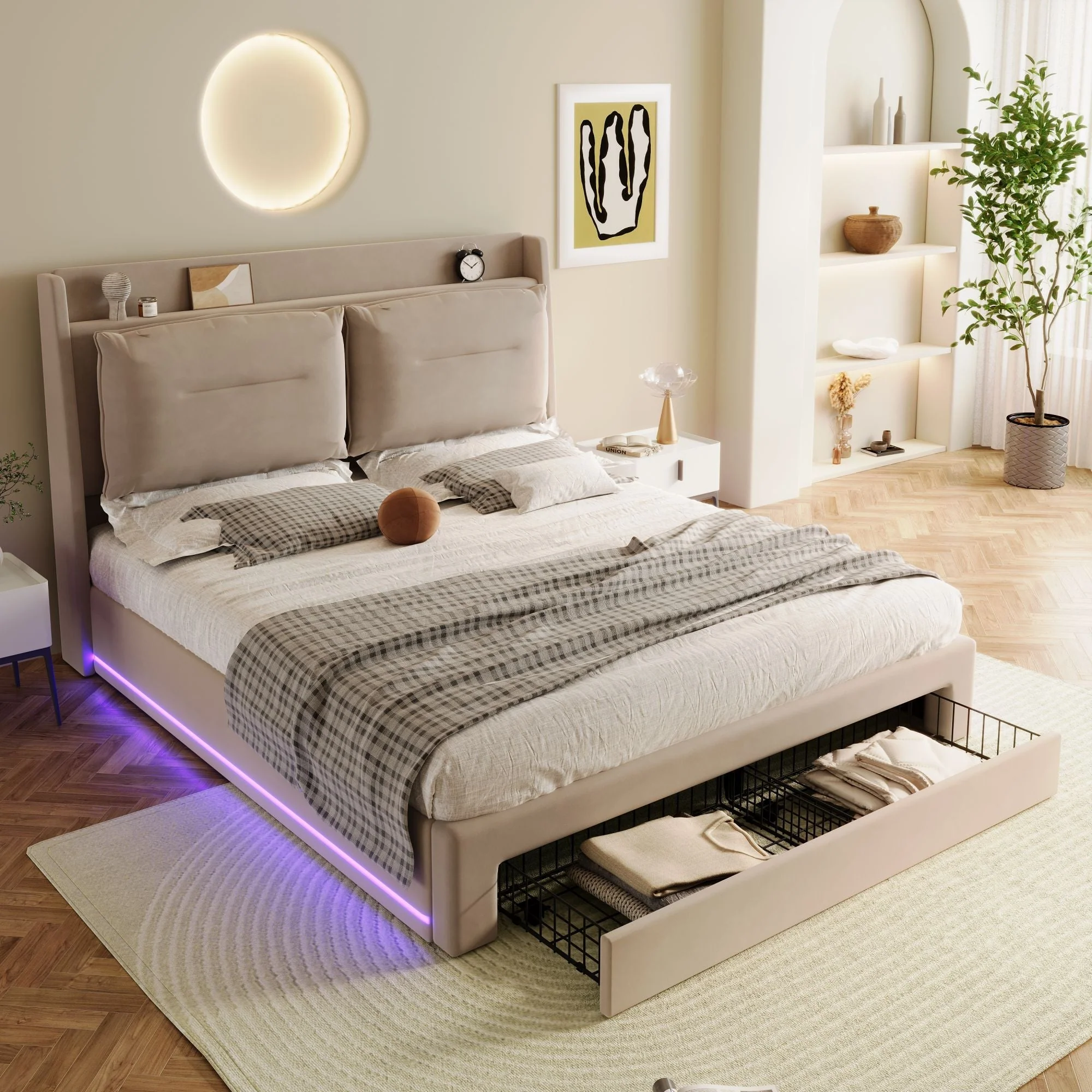 Upholstered Bed 160x200 Hydraulic Storage LED Light Drawers - Velvet Beige - Image 2