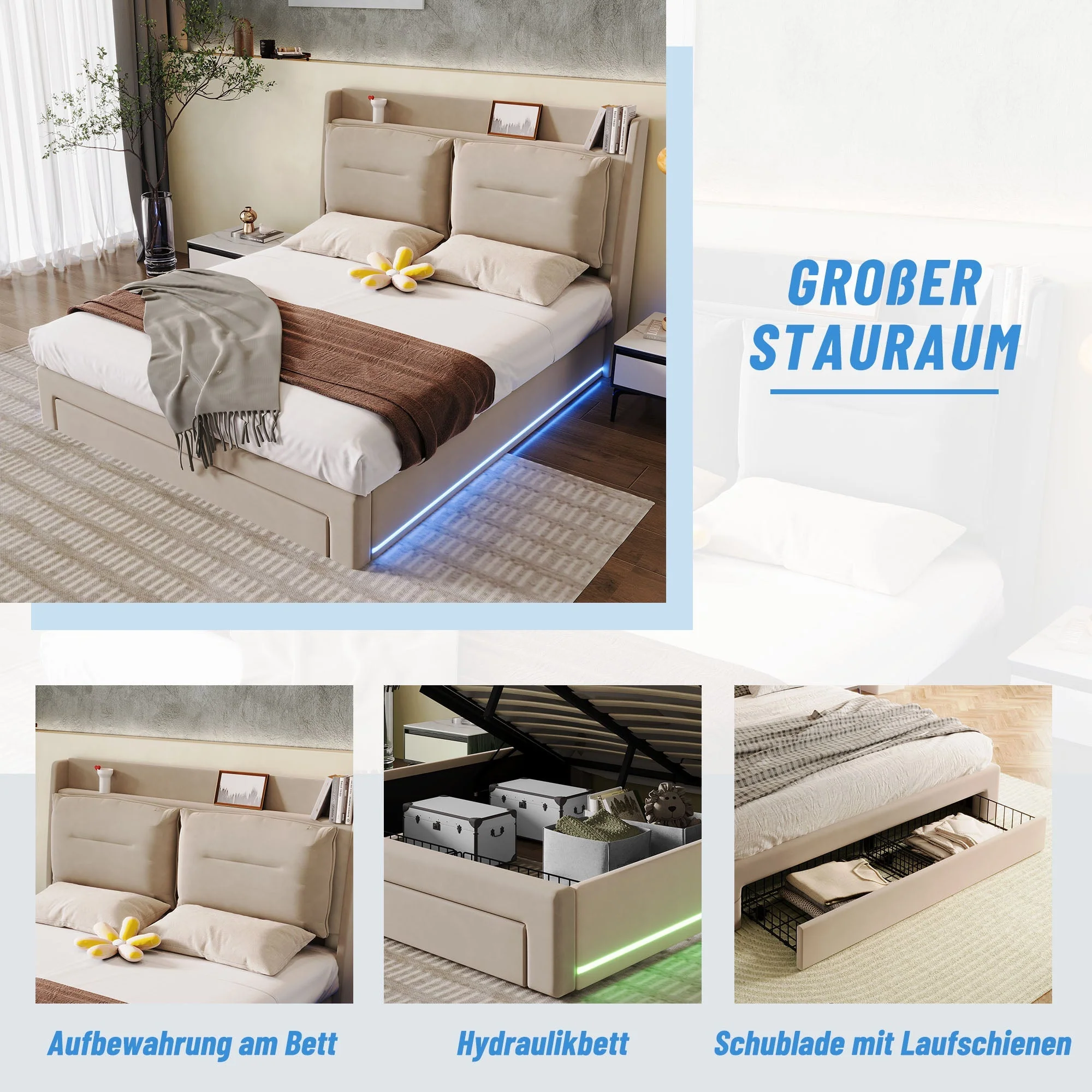Upholstered Bed 160x200 Hydraulic Storage LED Light Drawers - Velvet Beige - Image 8