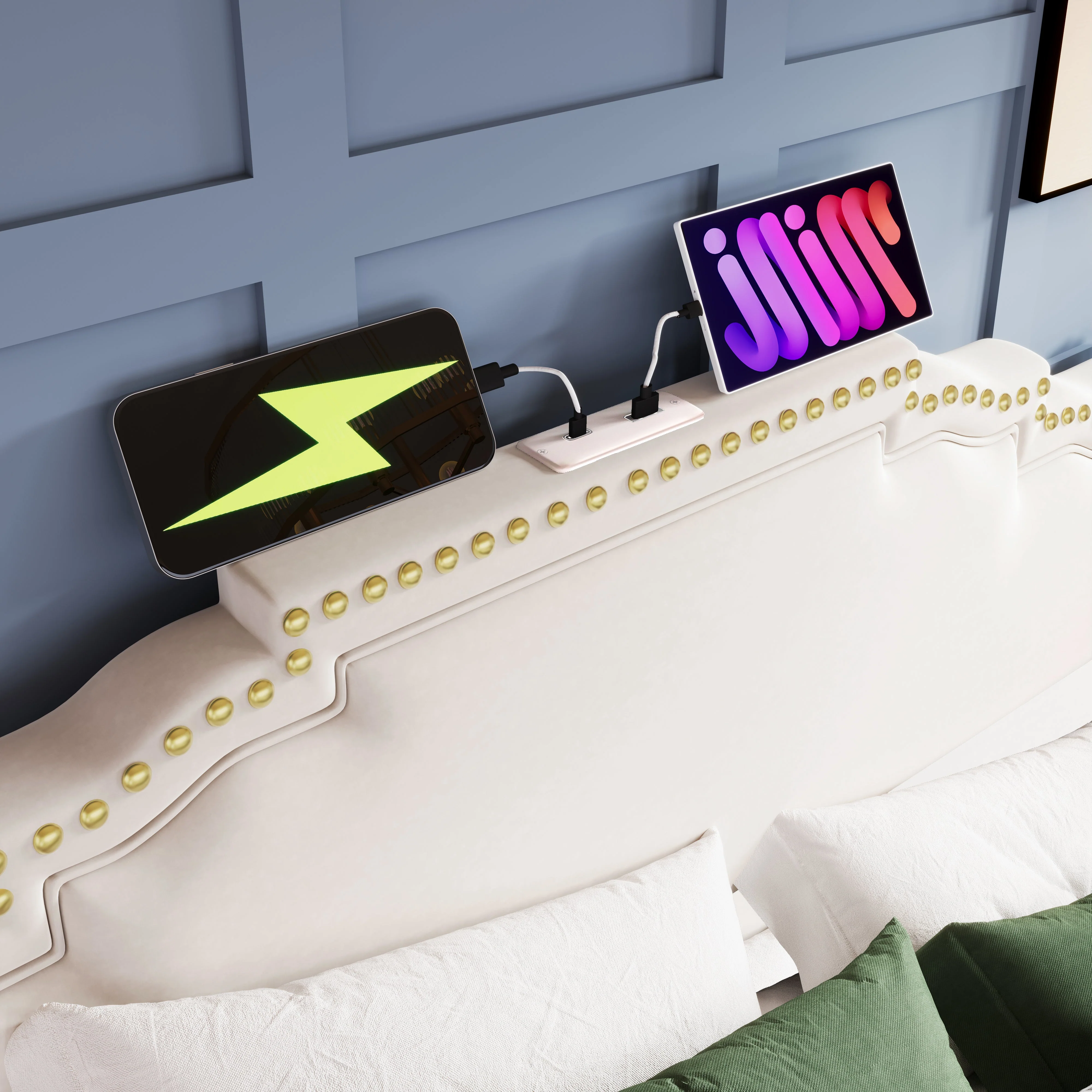 Upholstered Bed 160x200, Hydraulic Storage & LED Lighting, USB-C, Velvet Beige with Mattress - Image 9