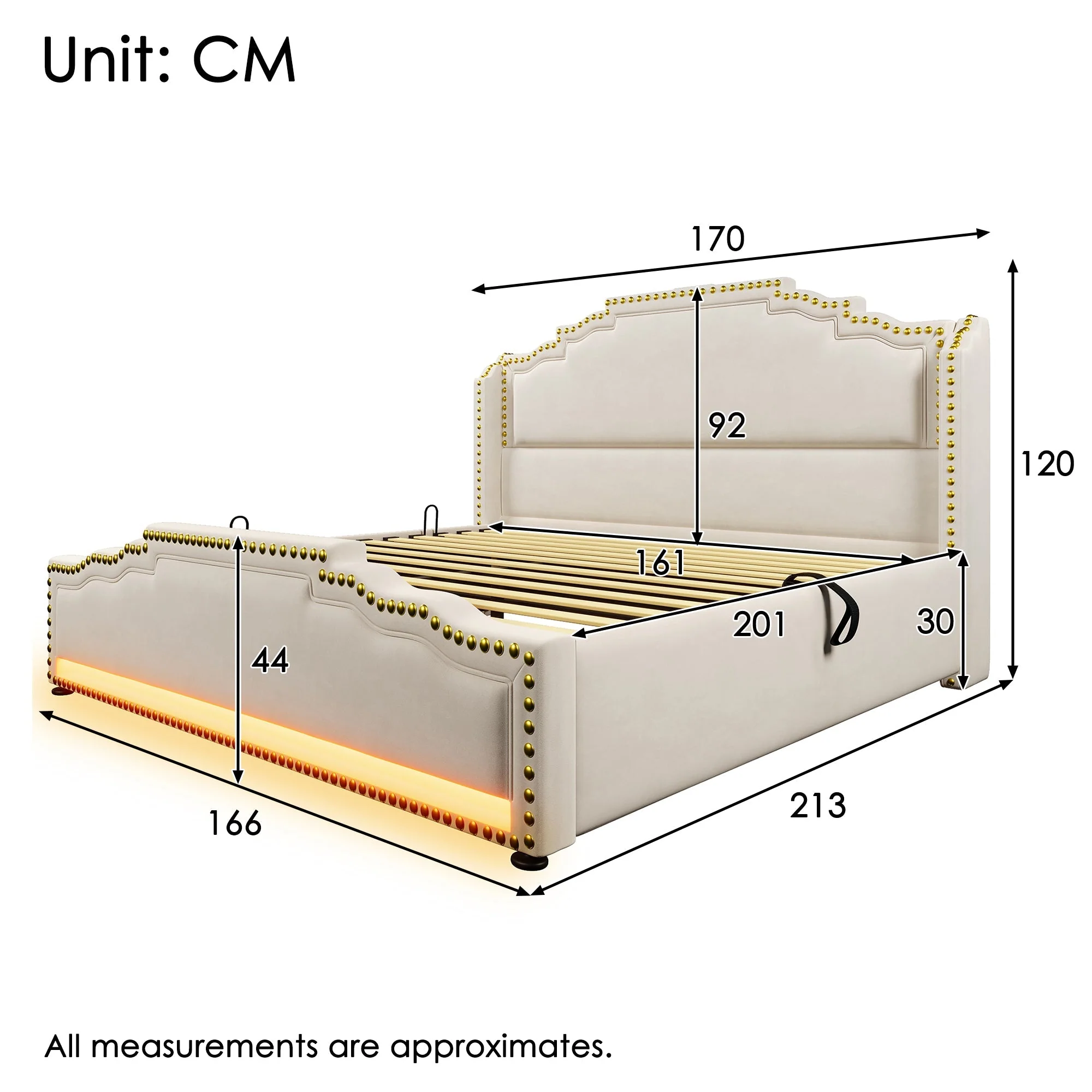 Upholstered Bed 160x200, Hydraulic Storage, LED, USB-C, Velvet Beige - Image 3