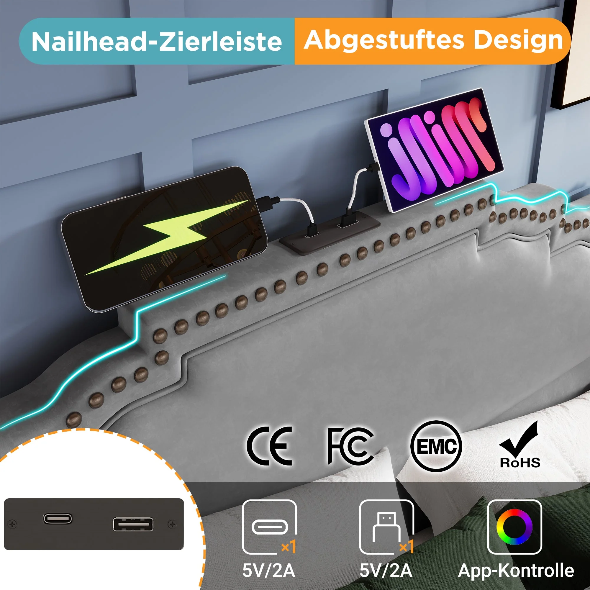 Upholstered Bed 160x200, Hydraulic Storage, LED, USB-C, Velvet Grey - Image 8
