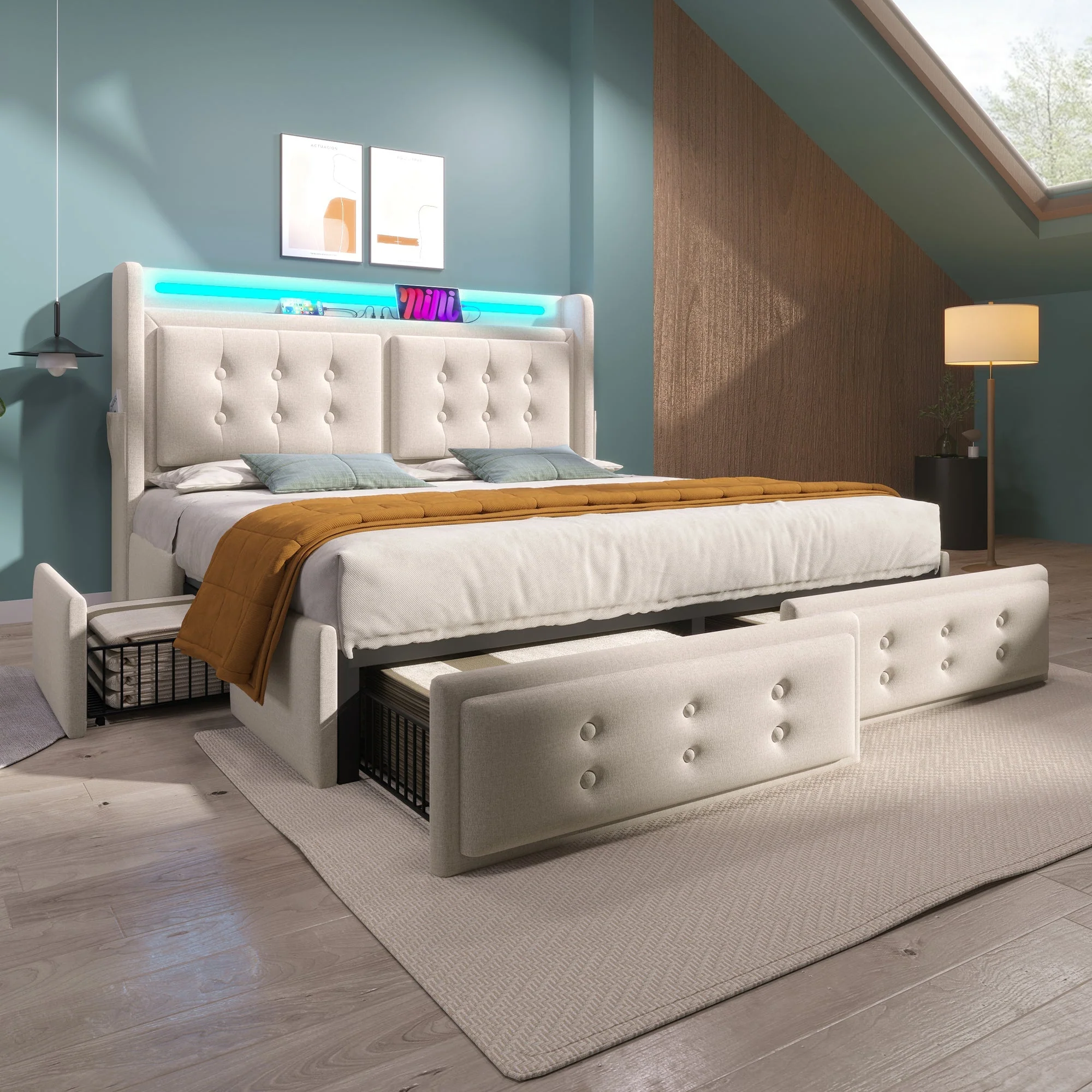 Upholstered Bed 160x200, LED Headboard, USB-C, 4 Drawers, Beige Cotton - Image 8