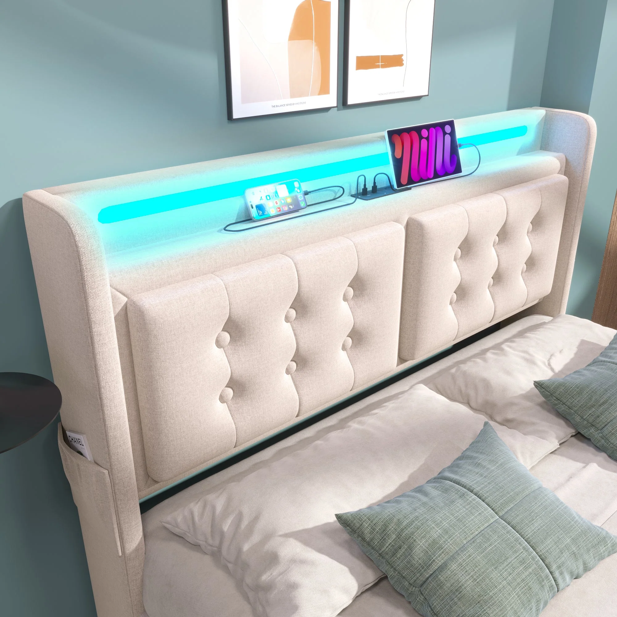 Upholstered Bed 160x200, LED Headboard & USB C Charging, Hydraulic, Beige Cotton - Image 10