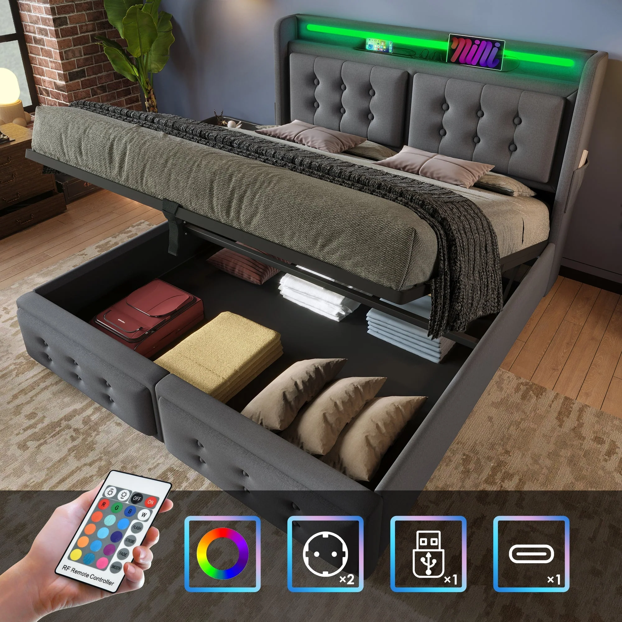 Upholstered Bed 160x200, LED Headboard & USB C, Hydraulic, 300kg Capacity, Gray Cotton
