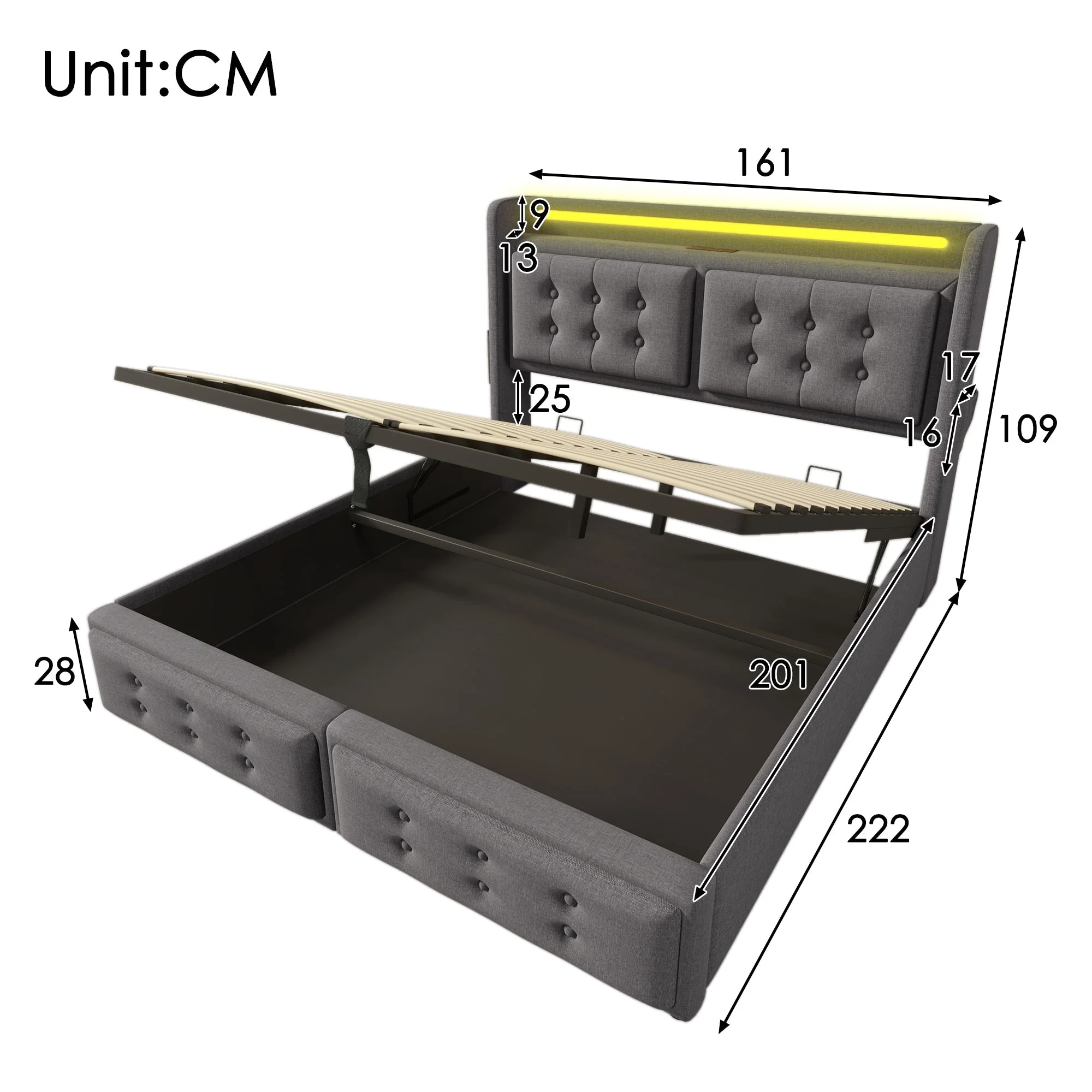 Upholstered Bed 160x200, LED Headboard & USB C, Hydraulic, 300kg Capacity, Gray Cotton - Image 2