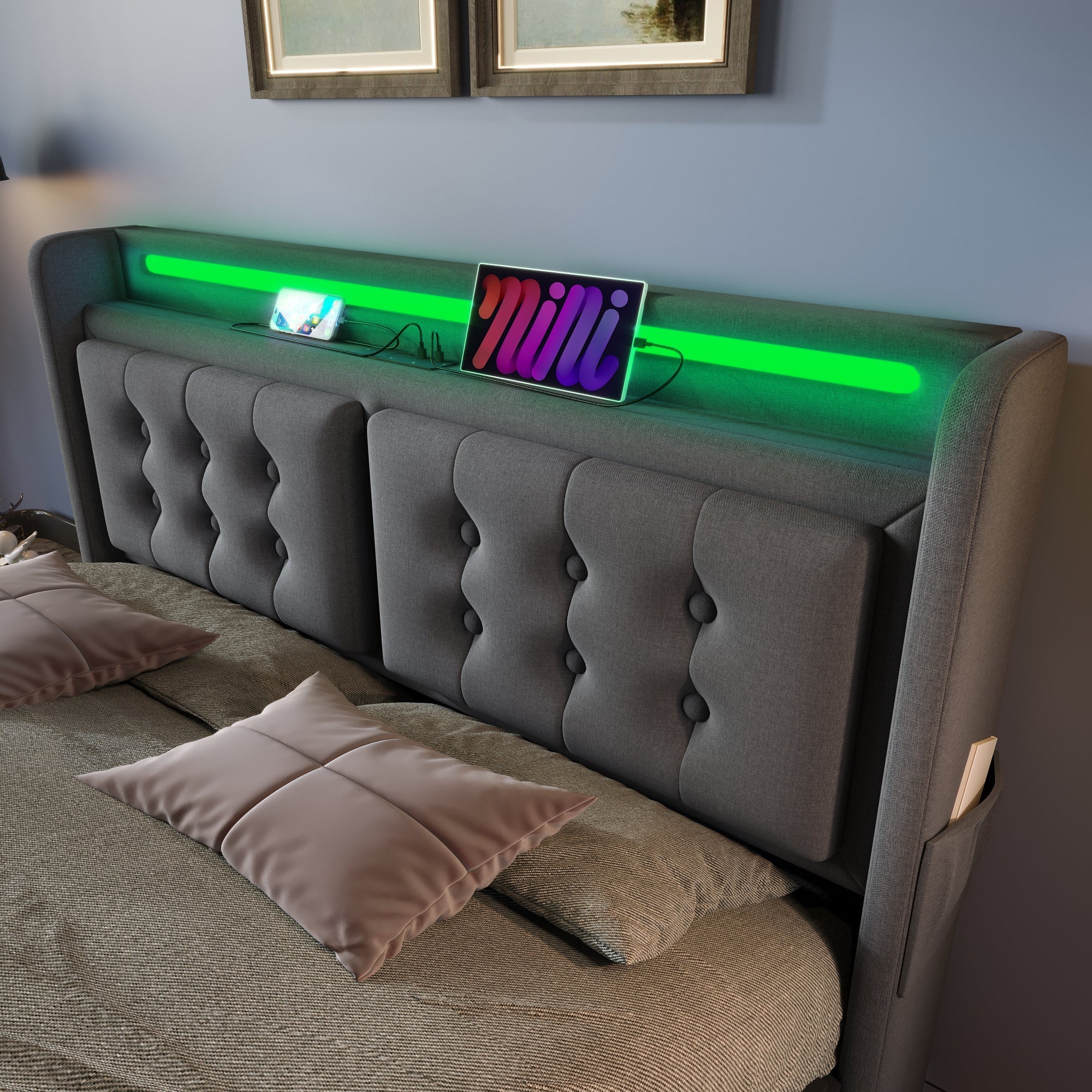 Upholstered Bed 160x200, LED Headboard & USB C, Hydraulic, 300kg Capacity, Gray Cotton - Image 6