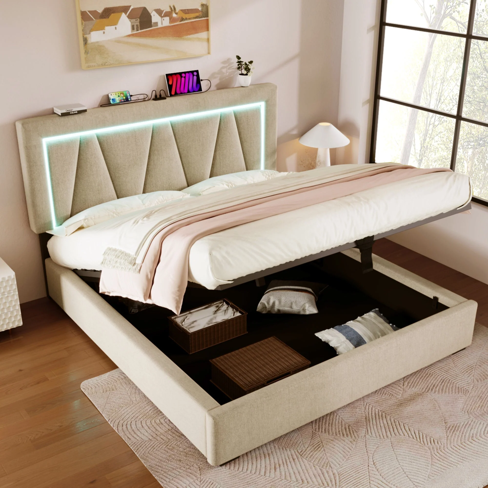 Upholstered Bed 160x200 LED USB-C Storage, Linen - Image 8