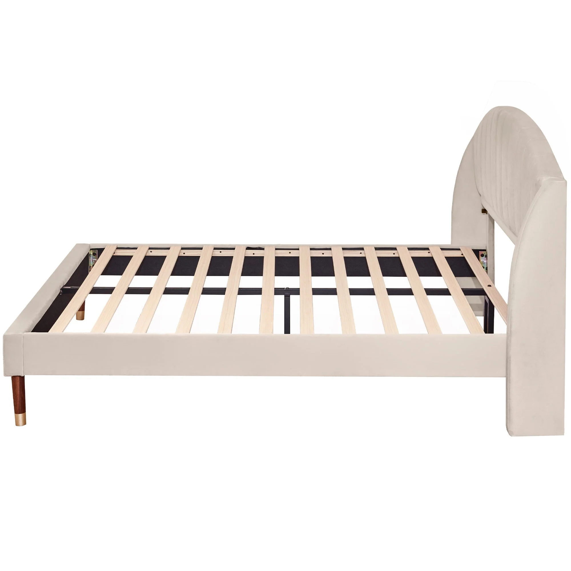 Upholstered Bed 160x200 Slatted Base Headboard - Velvet Beige - Image 8