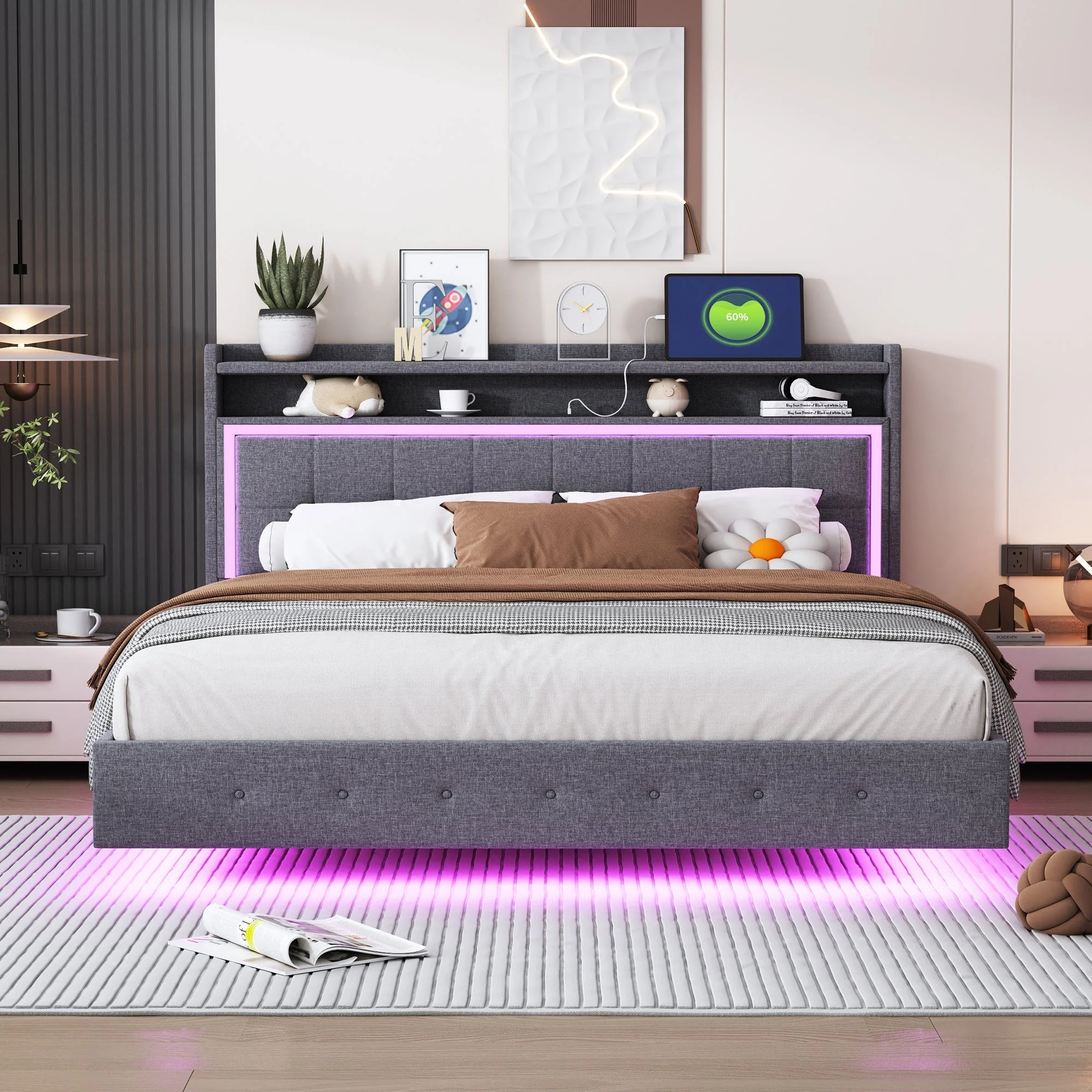 Upholstered Bed, 160x200 USB & LED, Linen Fabric Gray - Image 2