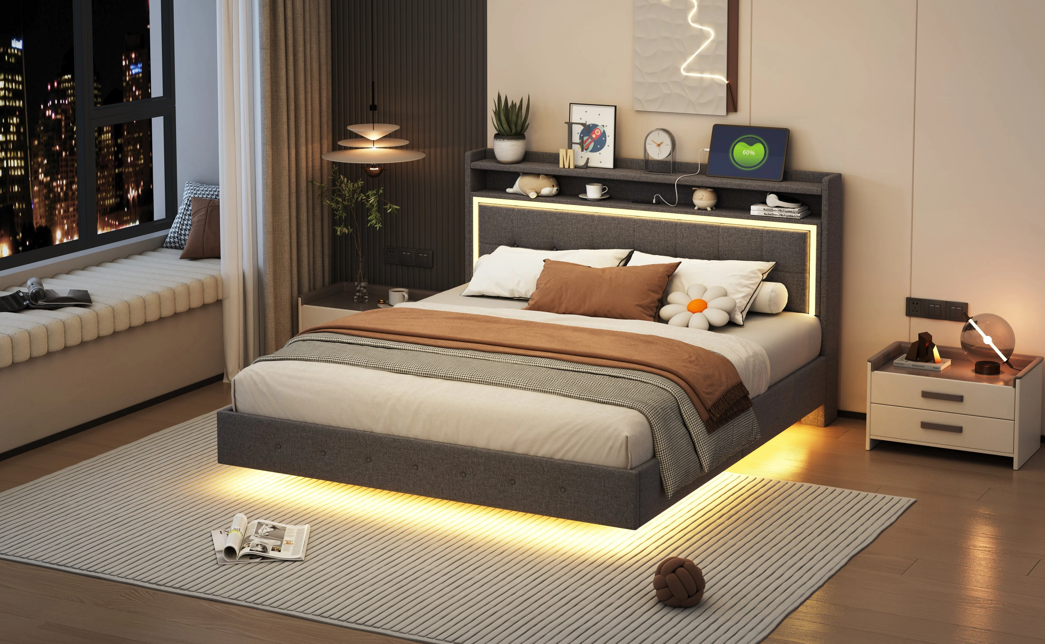Upholstered Bed, 160x200 USB & LED, Linen Fabric Gray - Image 8