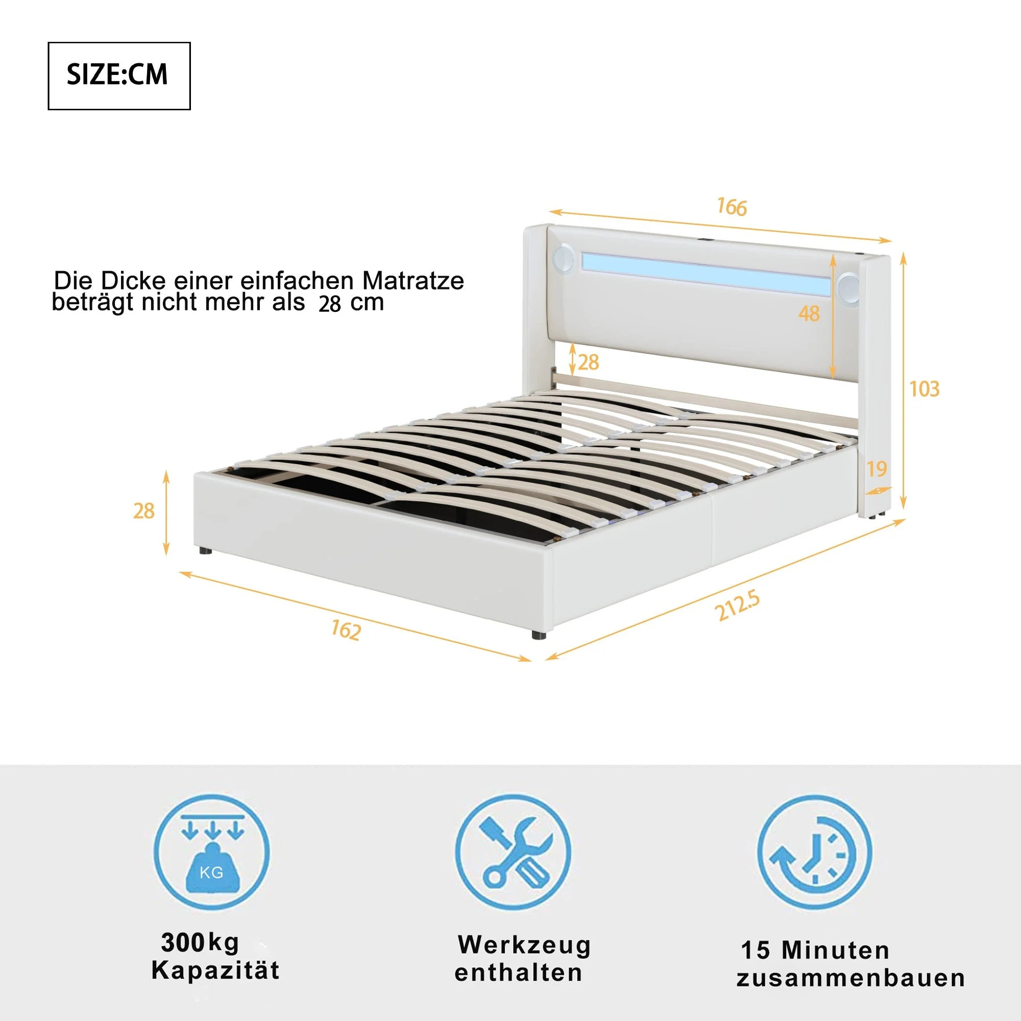 Upholstered Bed 160x200 with LED, Bluetooth, USB, Storage, PU Leather White - Image 10