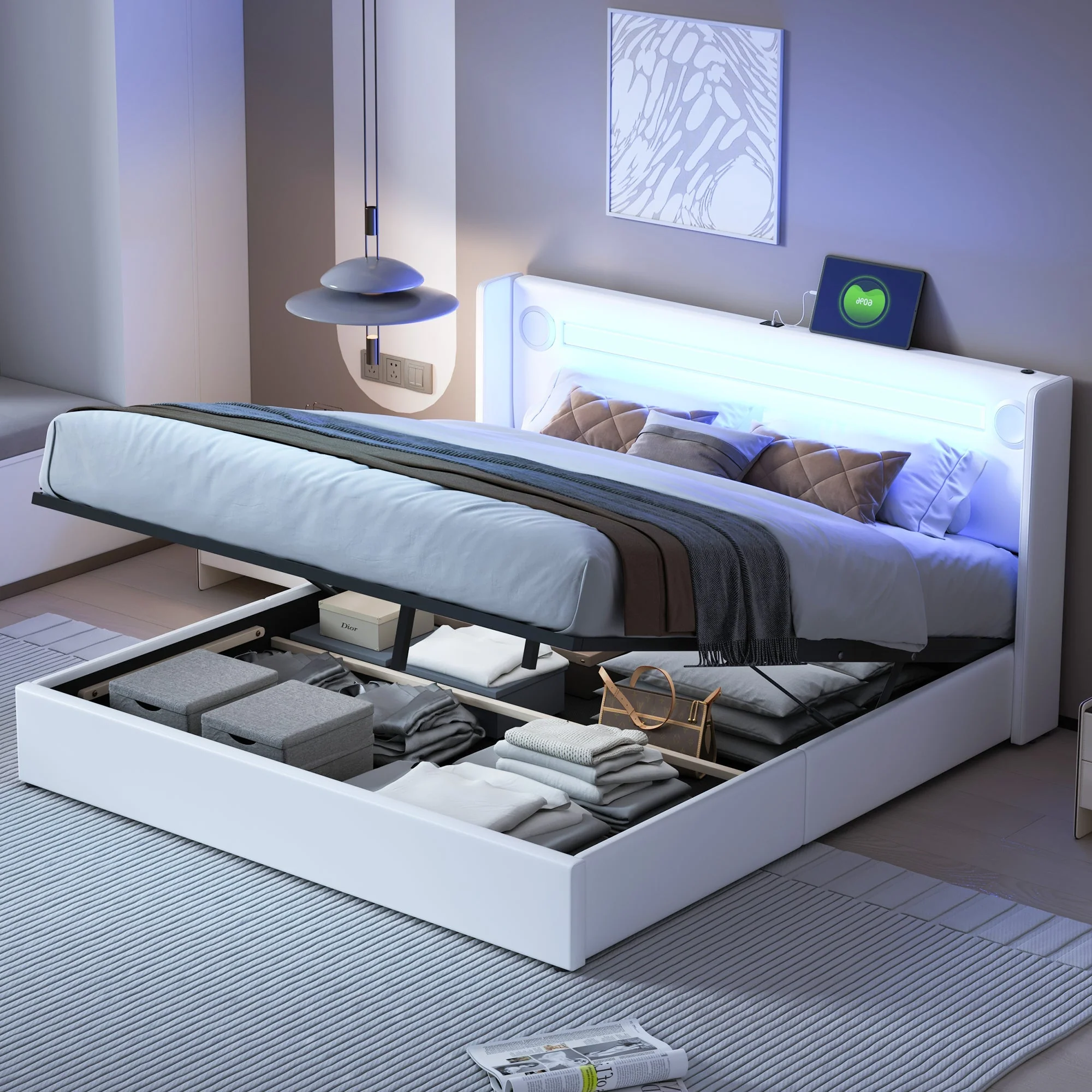 Upholstered Bed 160x200 with LED, Bluetooth, USB, Storage, PU Leather White - Image 2