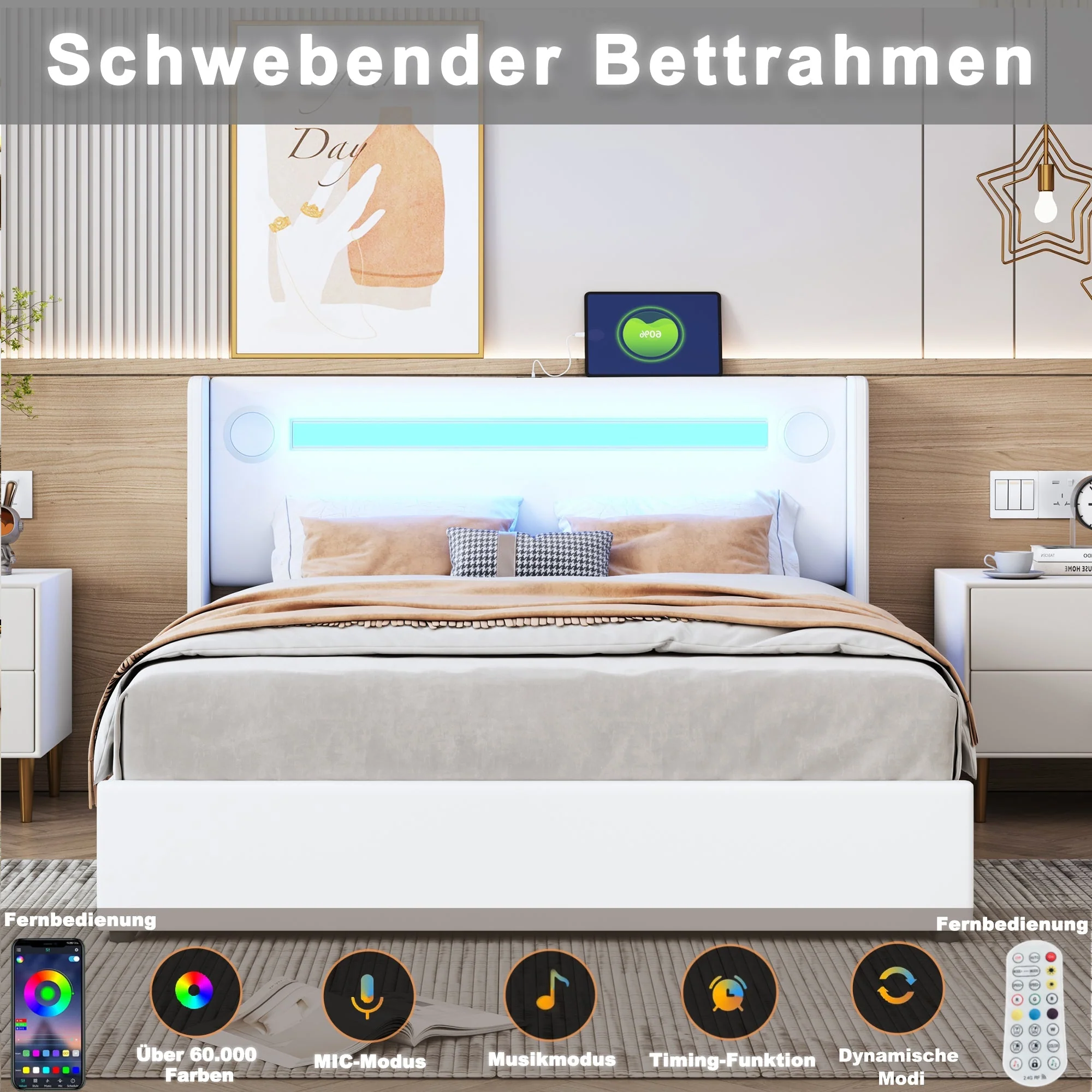 Upholstered Bed 160x200 with LED, Bluetooth, USB, Storage, PU Leather White - Image 5