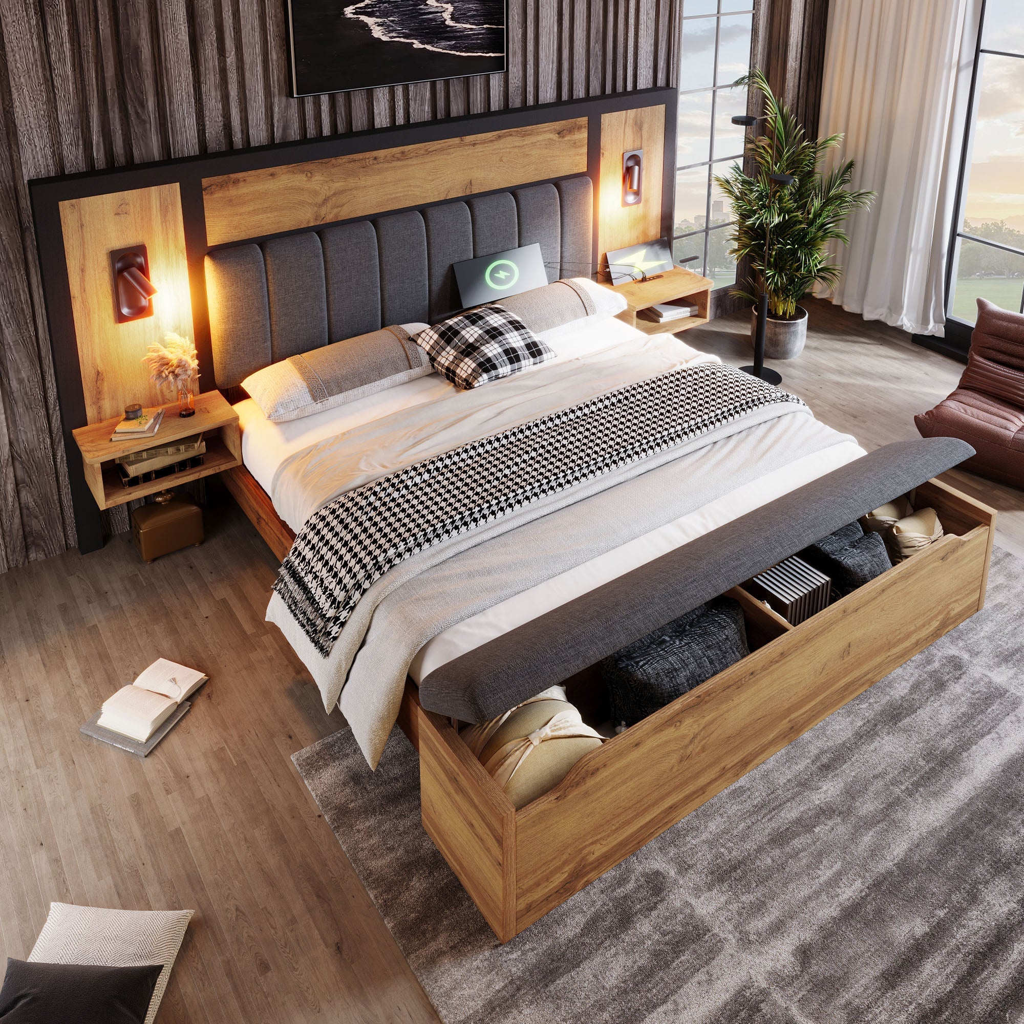 Upholstered Bed 160x200 with Reading Lamp, USB C, Storage Bench - Metal, Wood, Linen, Oak - Image 5