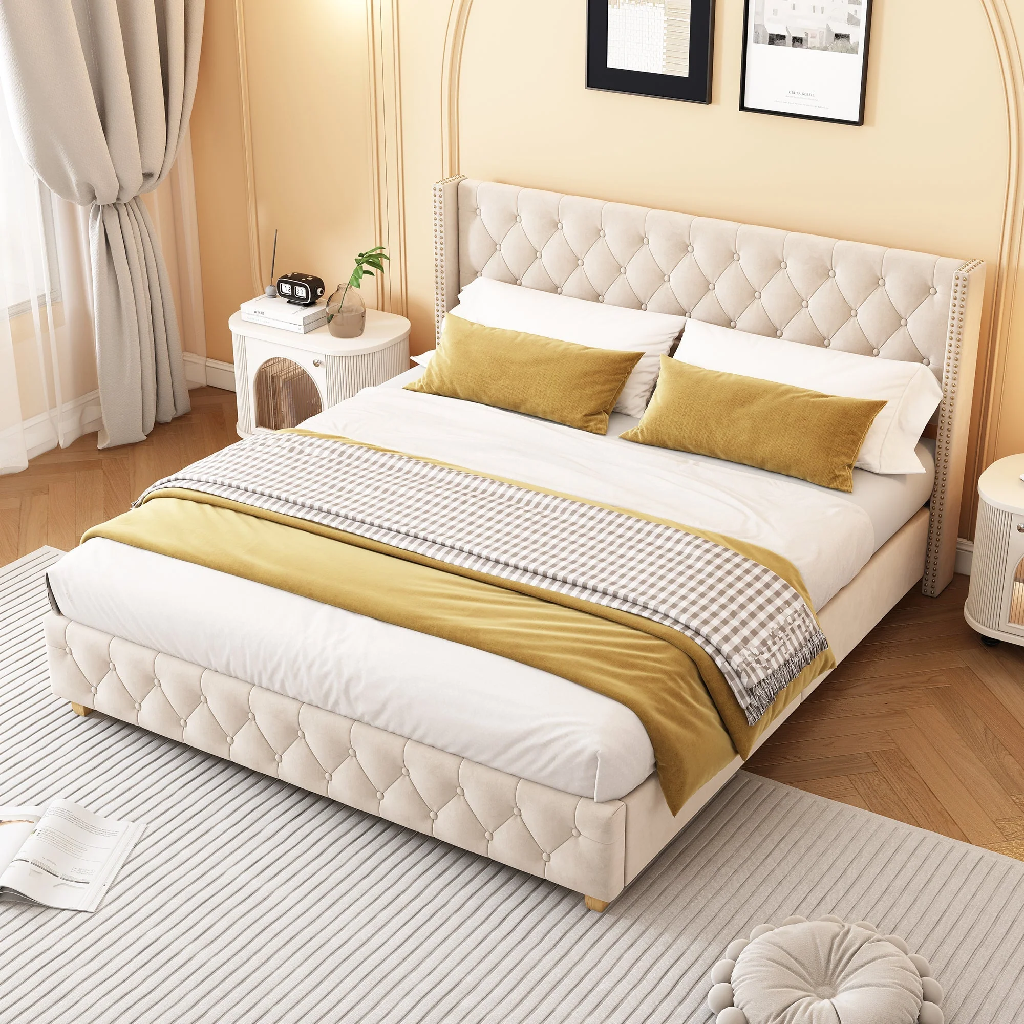 Upholstered Bed 160x200cm Button & Studded Headboard Slatted Frame - Light Beige Velvet - Image 2