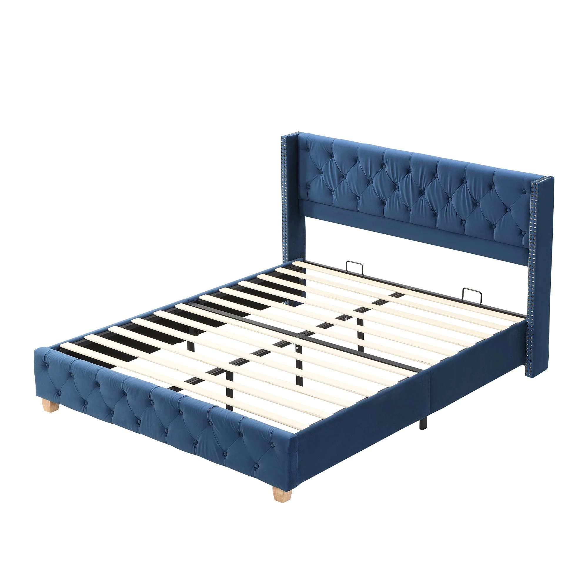 Upholstered Bed 160x200cm Button & Studded Headboard - Velvet Blue - Image 10