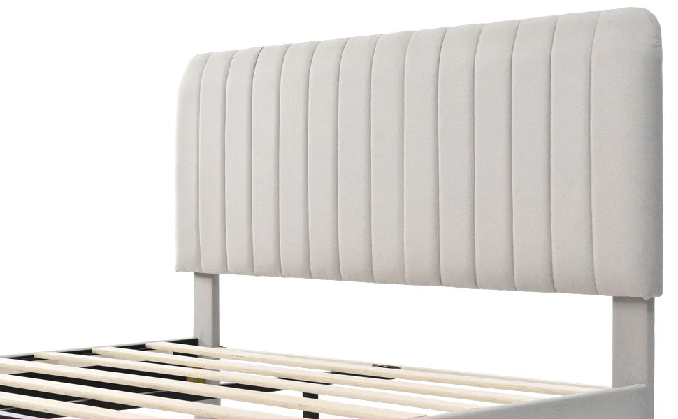 Upholstered Bed, 160x200cm Double, Adjustable Headboard, Grey-Beige Linen - Image 8