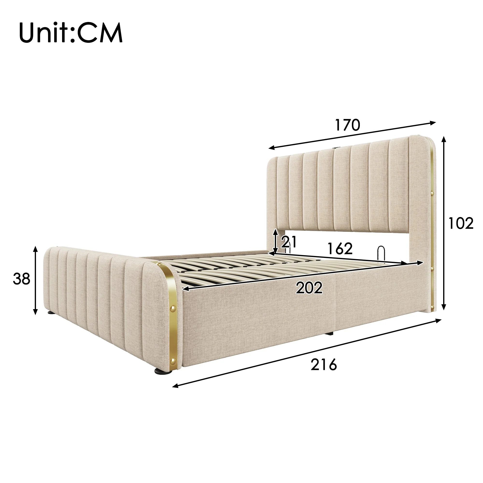 Upholstered Bed 160x200cm Double Headboard USB-C Hydraulic Storage, Beige Linen - Image 2