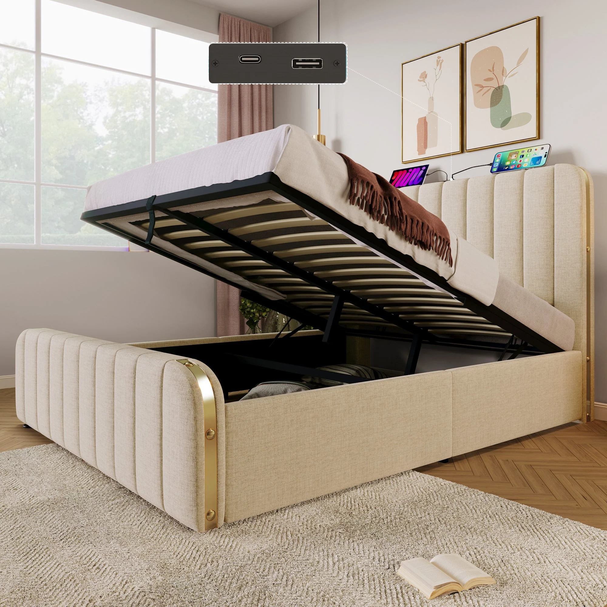 Upholstered Bed 160x200cm Double Headboard USB-C Hydraulic Storage, Beige Linen - Image 3