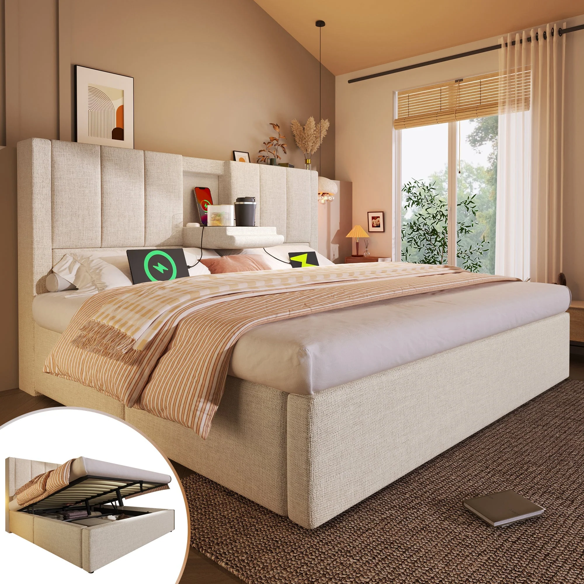 Upholstered Bed 160x200cm Double Hydraulic Storage Cupholder Charging Station Linen Beige - Image 3