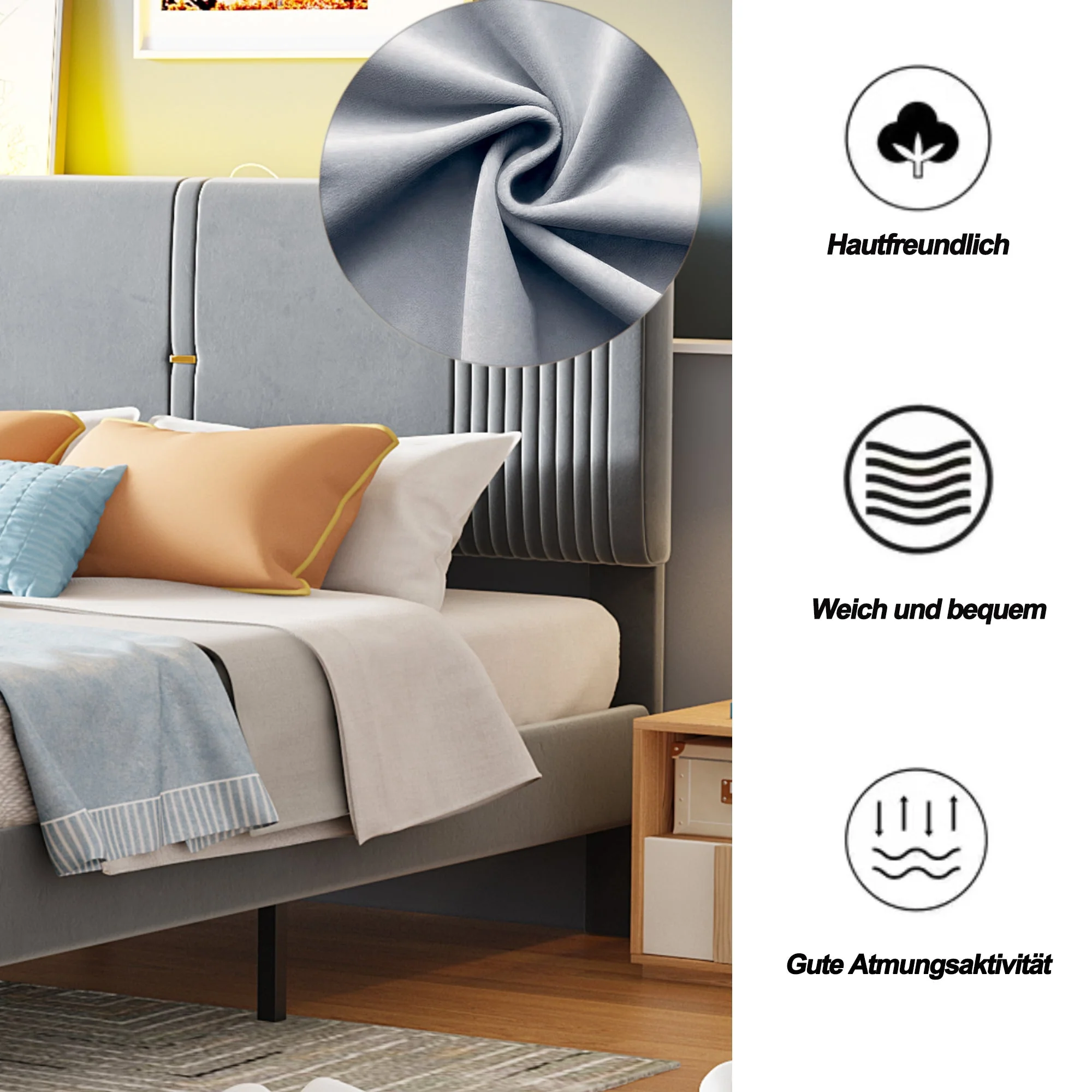Upholstered Bed, 160x200cm Double with Light Strip, USB Port & Storage Drawer, Grey Velvet - Image 4