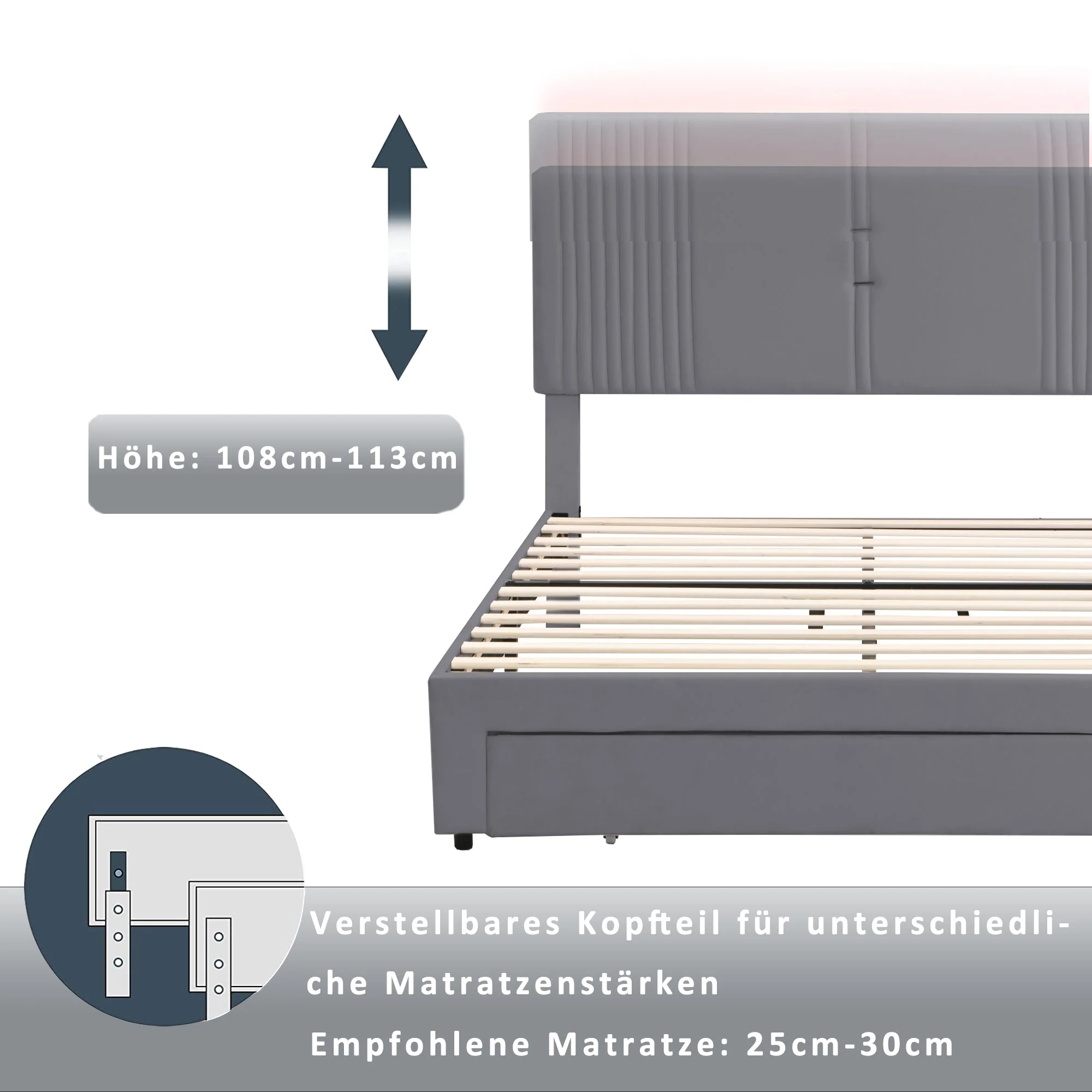 Upholstered Bed, 160x200cm Double with Light Strip, USB Port & Storage Drawer, Grey Velvet - Image 7
