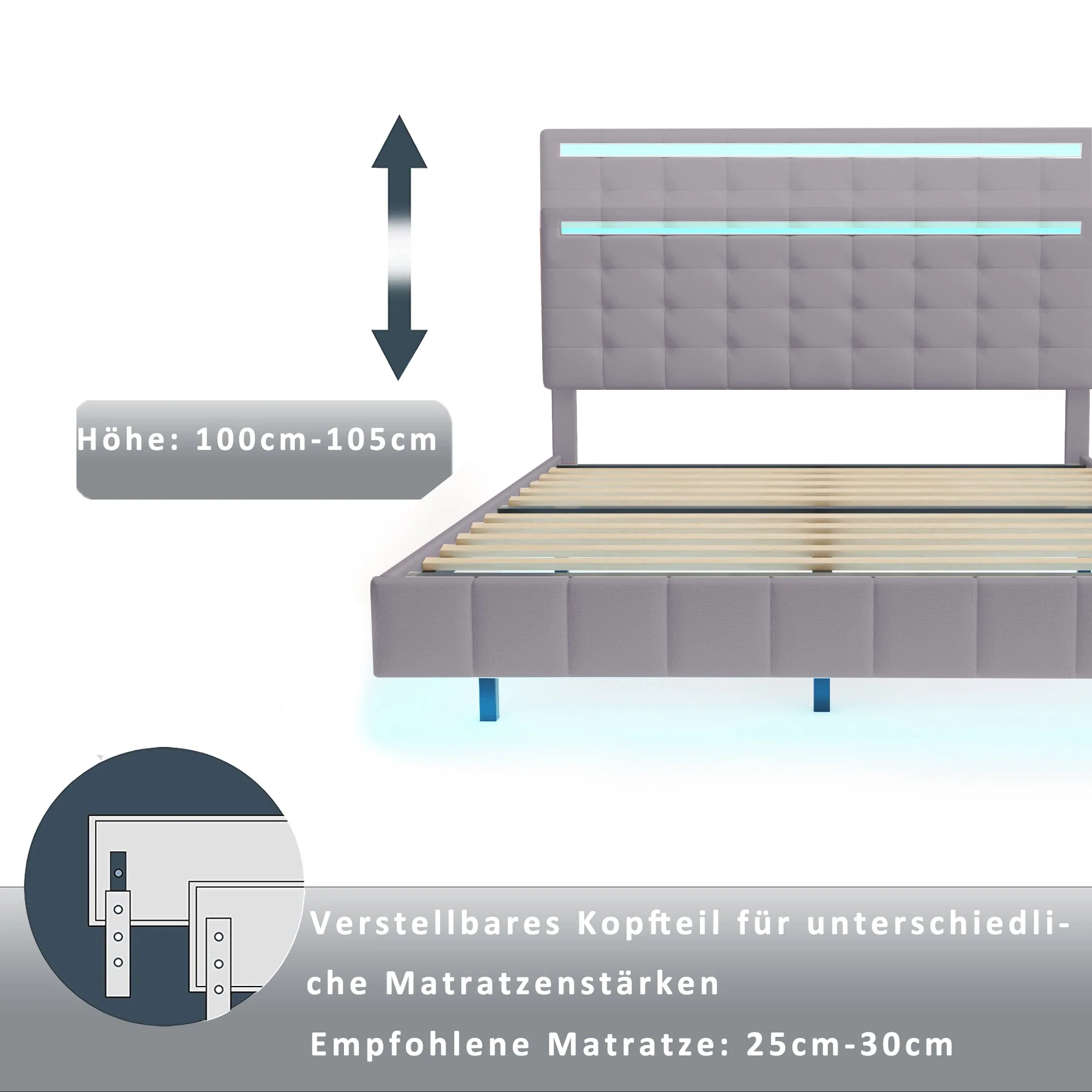 Upholstered Bed, 160x200cm Floating Frame with LED & Headboard, Linen Grey - Image 6