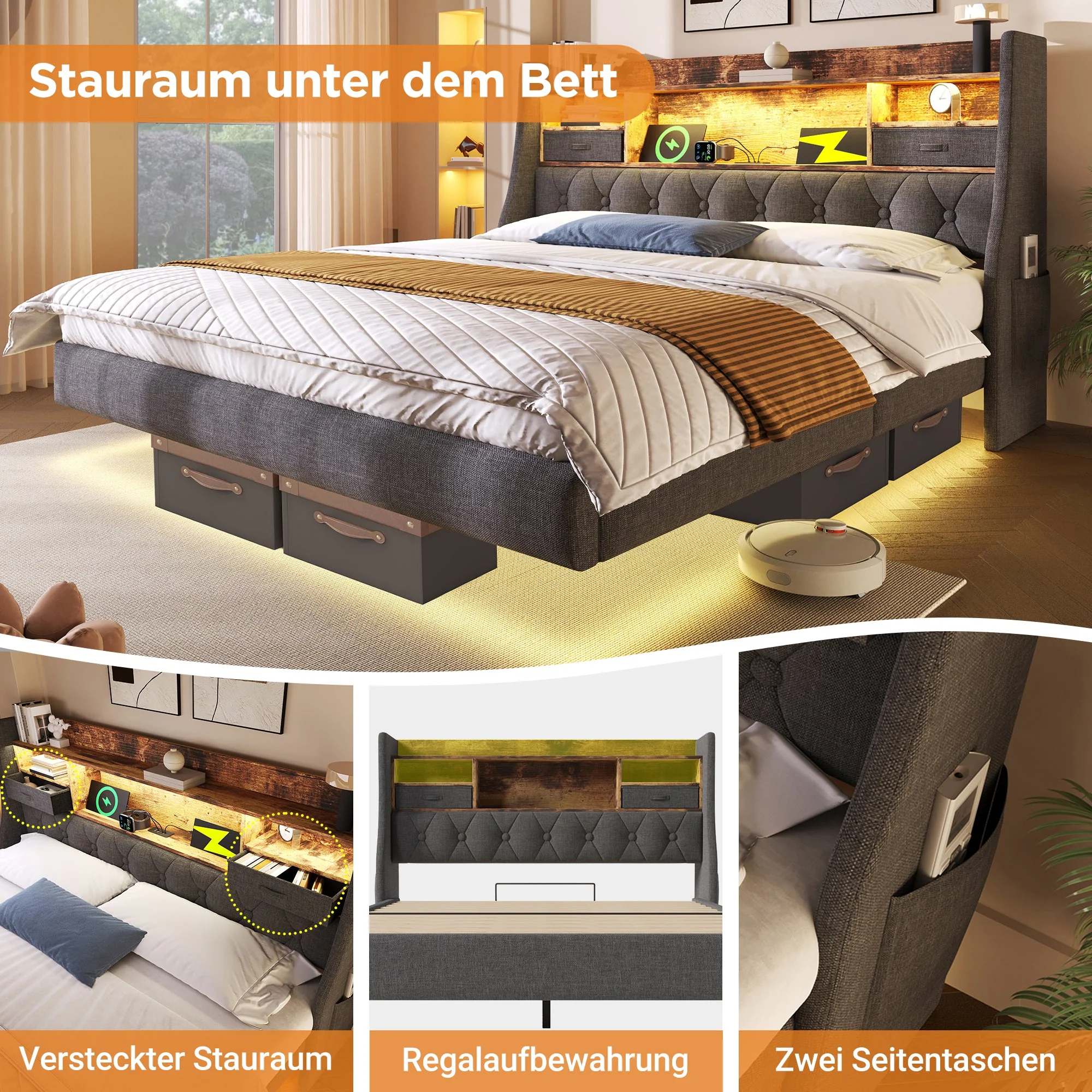 Upholstered Bed 160x200cm Floating LED Charging Station Storage Headboard, Linen Grey - Image 4