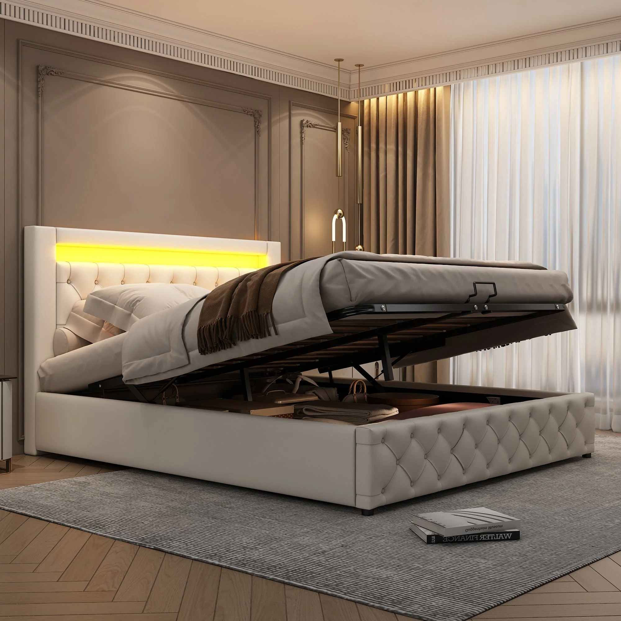 Upholstered Bed 160x200cm Functional Storage Slatted Frame LED Lighting White PU - Image 6