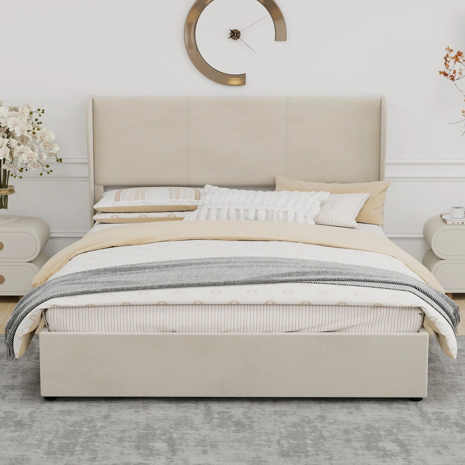 Upholstered Bed 160x200cm Gas Lift Storage Soft Headboard - Beige
