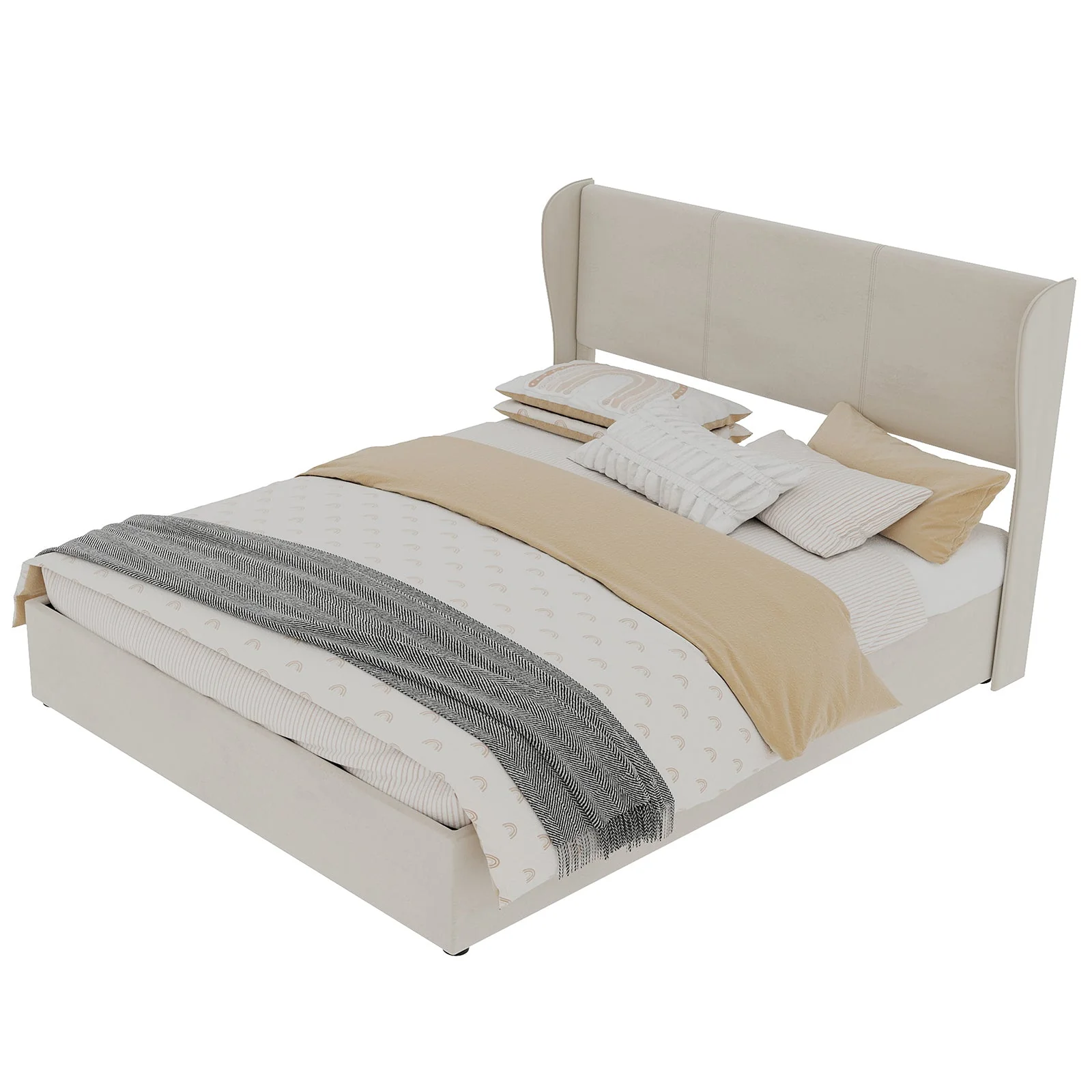 Upholstered Bed 160x200cm Gas Lift Storage Soft Headboard - Beige - Image 10