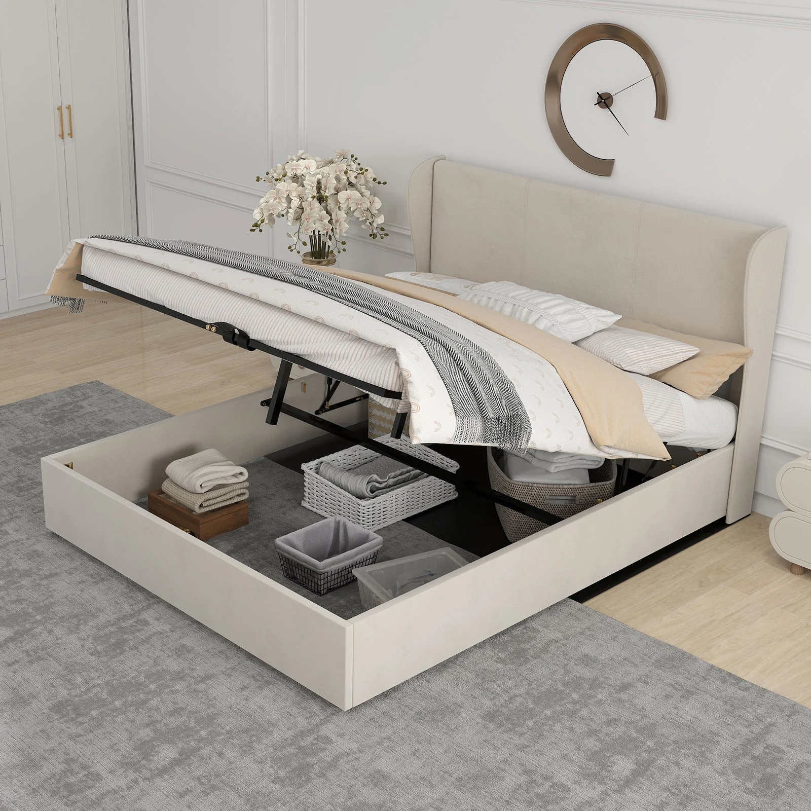 Upholstered Bed 160x200cm Gas Lift Storage Soft Headboard - Beige - Image 6