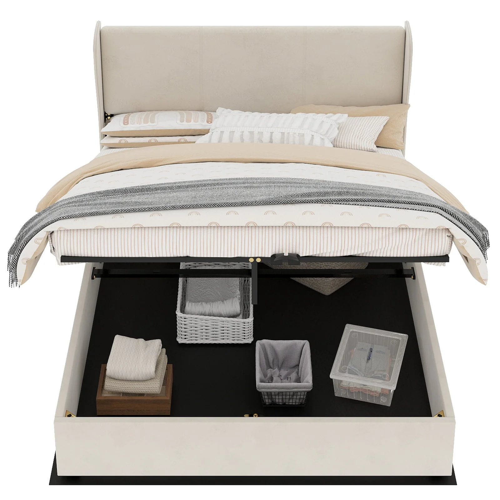 Upholstered Bed 160x200cm Gas Lift Storage Soft Headboard - Beige - Image 9