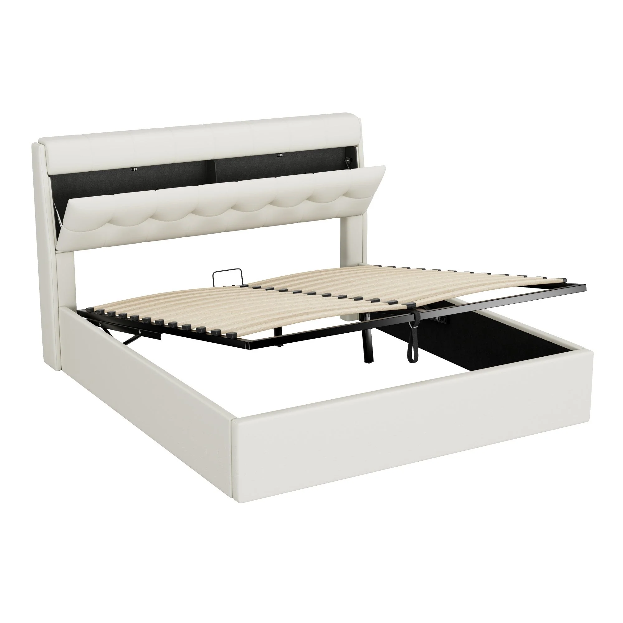 Upholstered Bed 160x200cm Hydraulic & Concealed Headboard Storage PU - White - Image 10