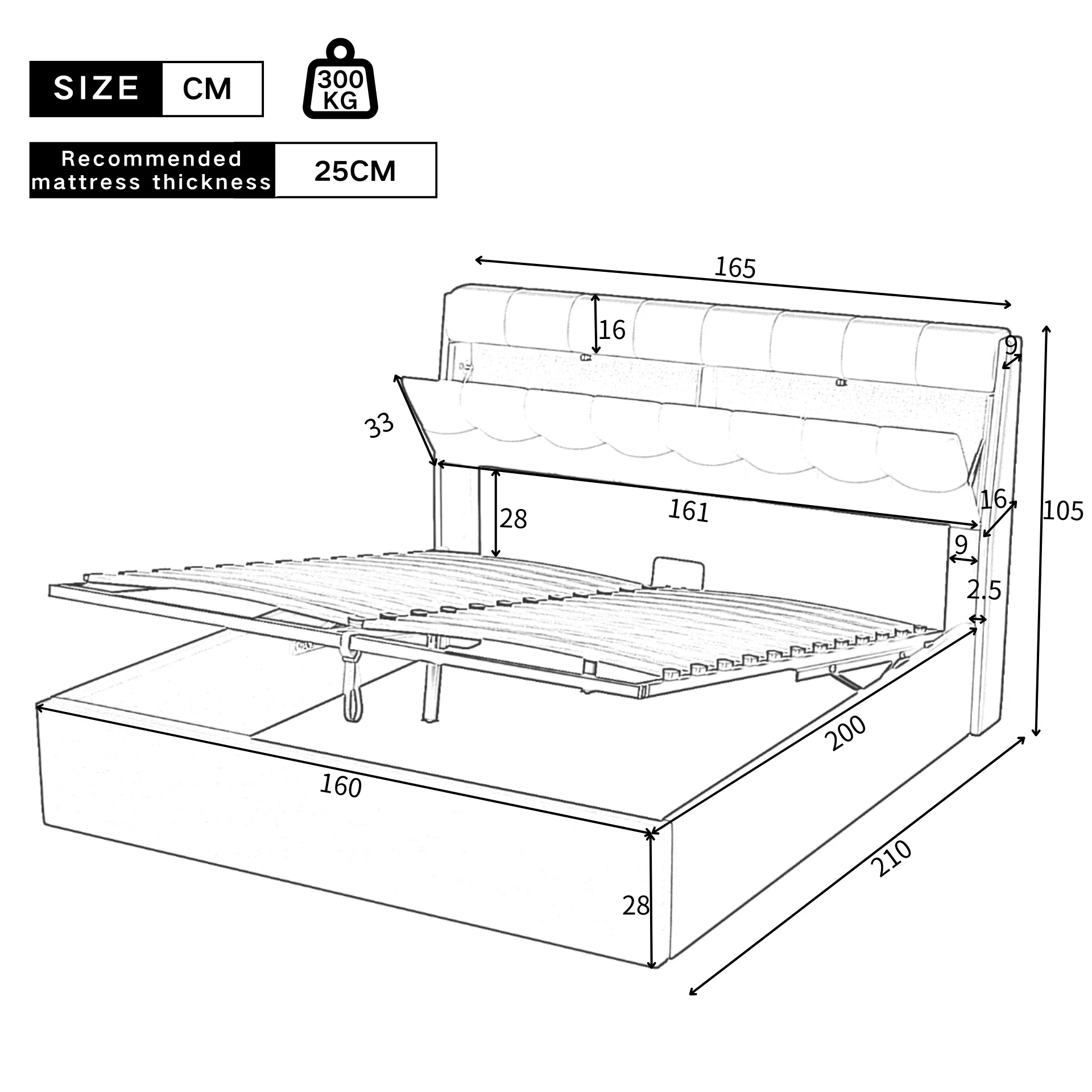 Upholstered Bed 160x200cm Hydraulic & Concealed Headboard Storage PU - White - Image 8