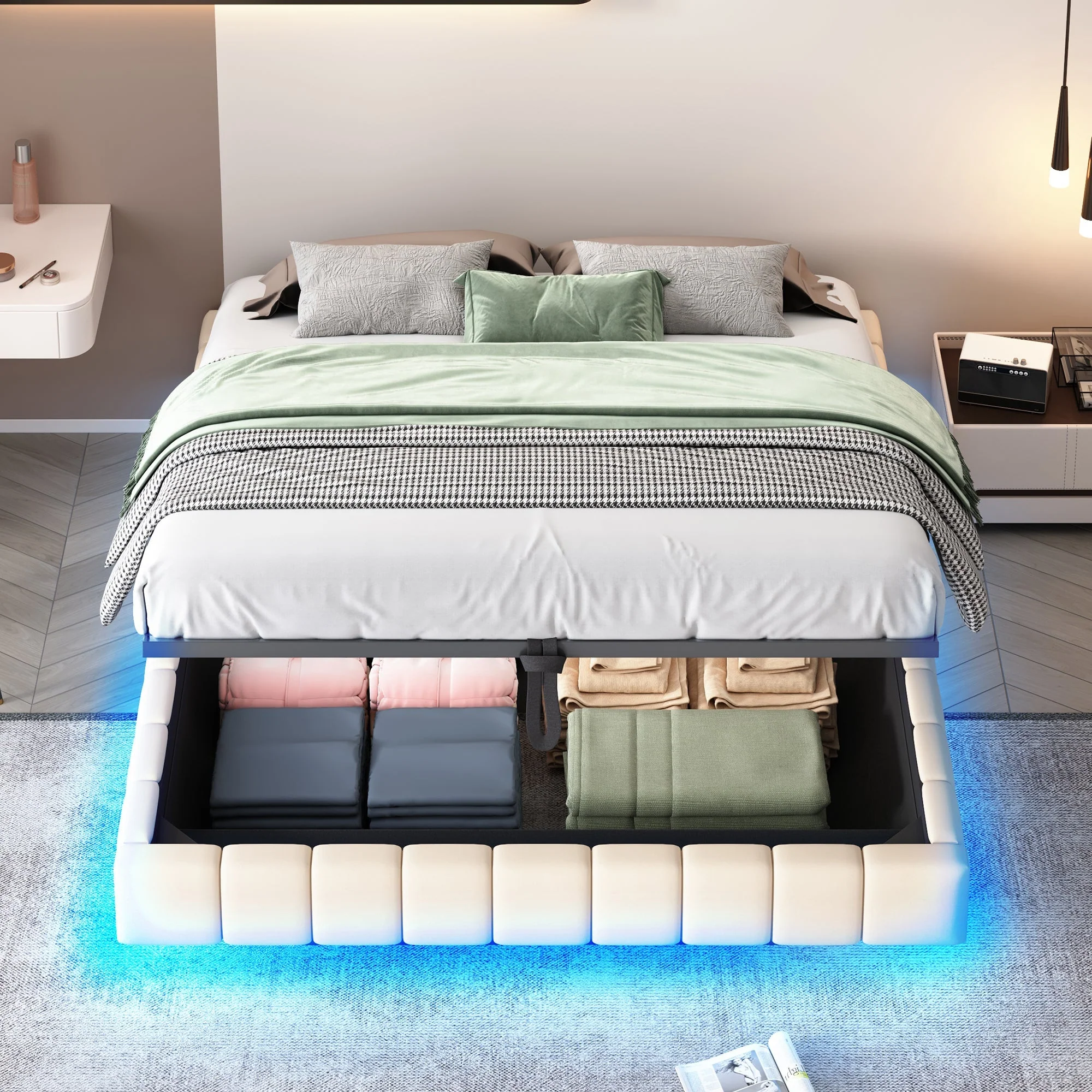 Upholstered Bed 160x200cm Hydraulic Floating Frame Storage LED Light, Linen Beige - Image 2
