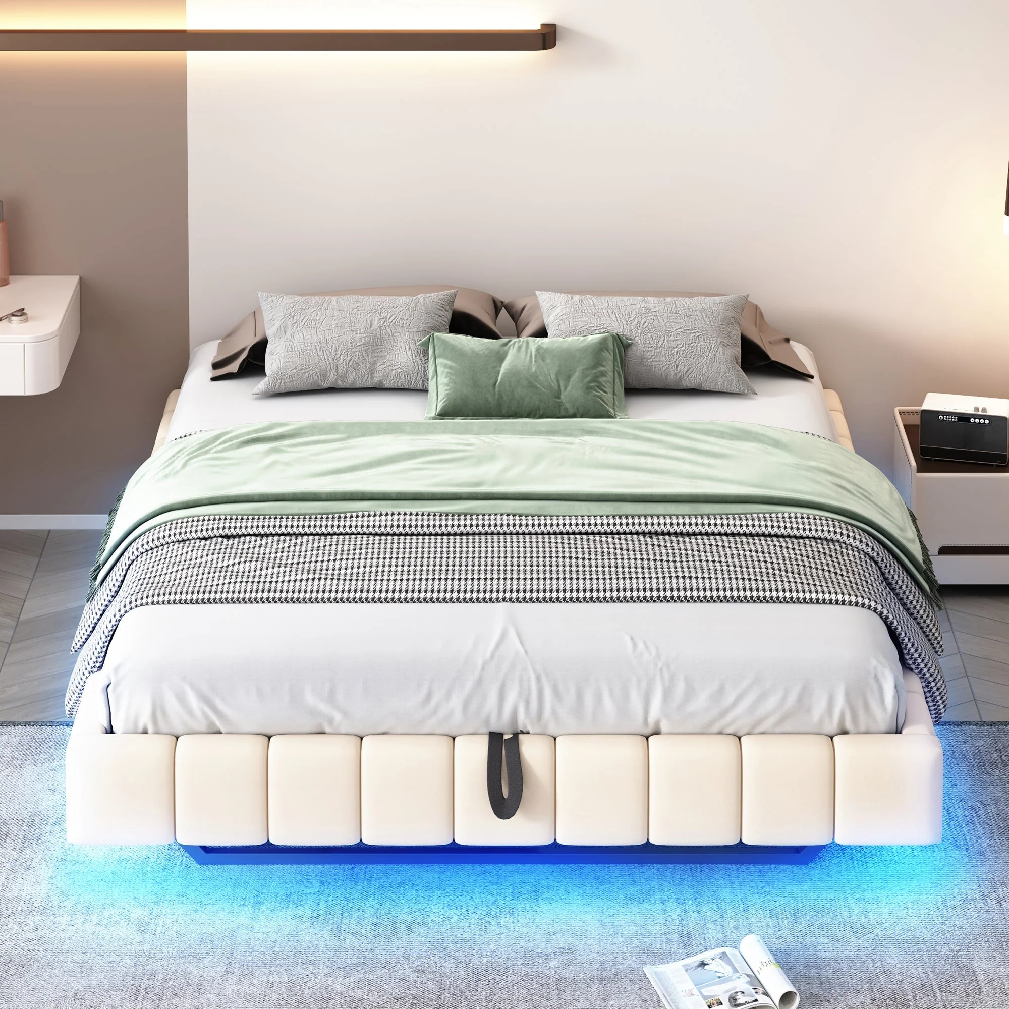 Upholstered Bed 160x200cm Hydraulic Floating Frame Storage LED Light, Linen Beige - Image 3